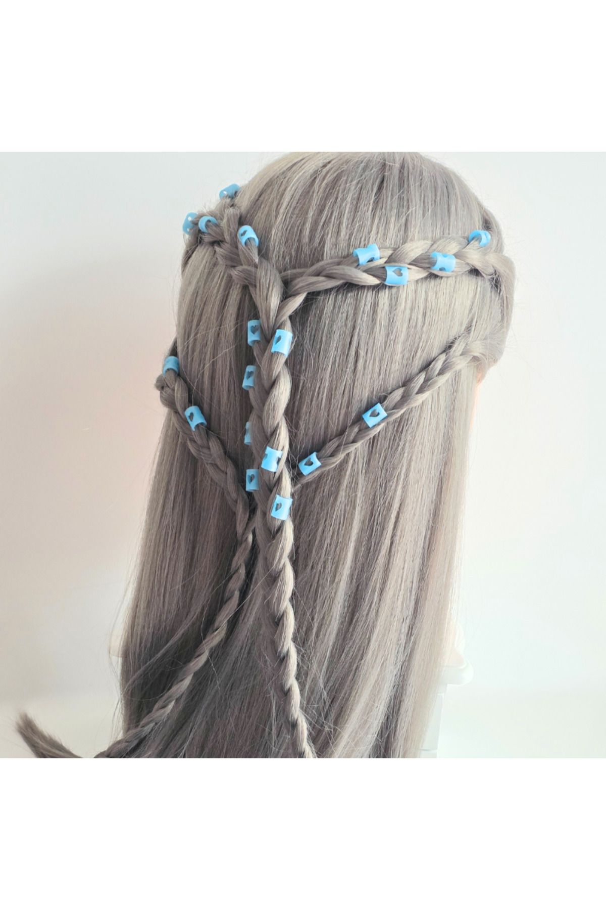 ZLBoutique-Set 50 de inele de păr, albastru fluorescent, cu aplicator, model inimă, 1x0.6cm, dreadlocks și împletitură 3
