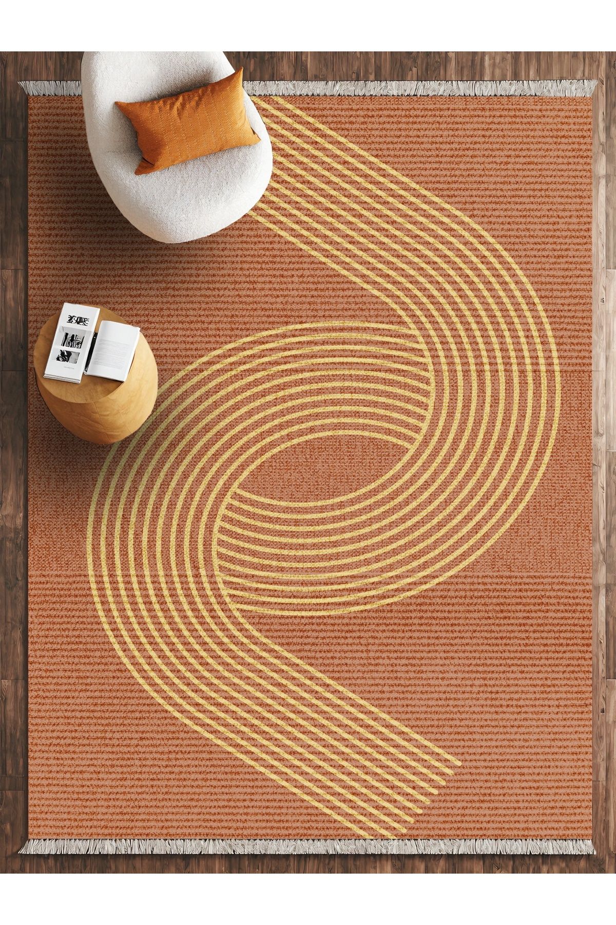 HALIZZON Bohem Spiral Desenli Sarı Halı Dijital Baskı Kaymaz Taban Salon Halısı