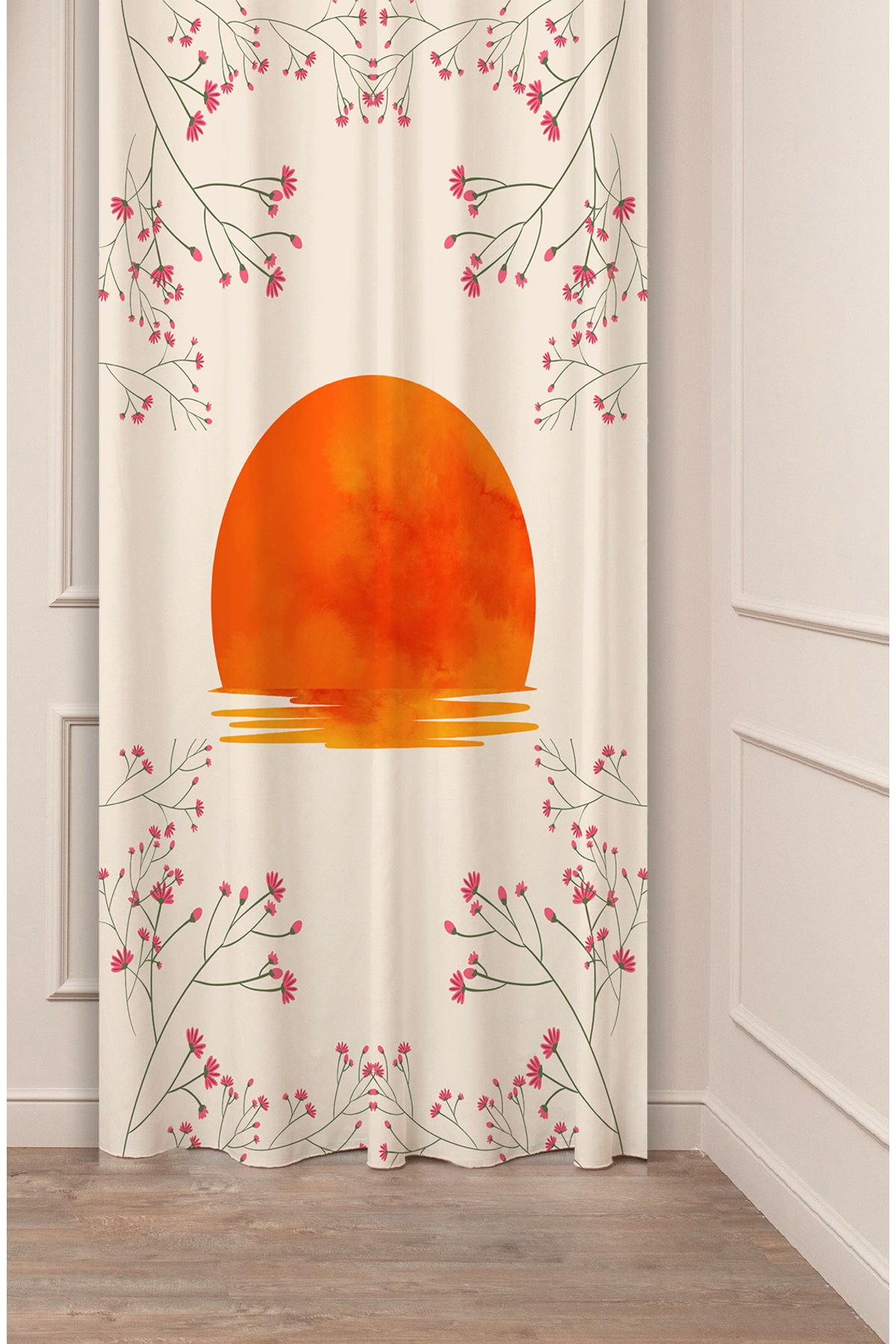 GREENDECOR Yakamoz Ay Bohem Çiçekler Bej Krem Desenli Özel Tasarım Dijital Baskılı (Tek Kanat) Modern Fon Perde