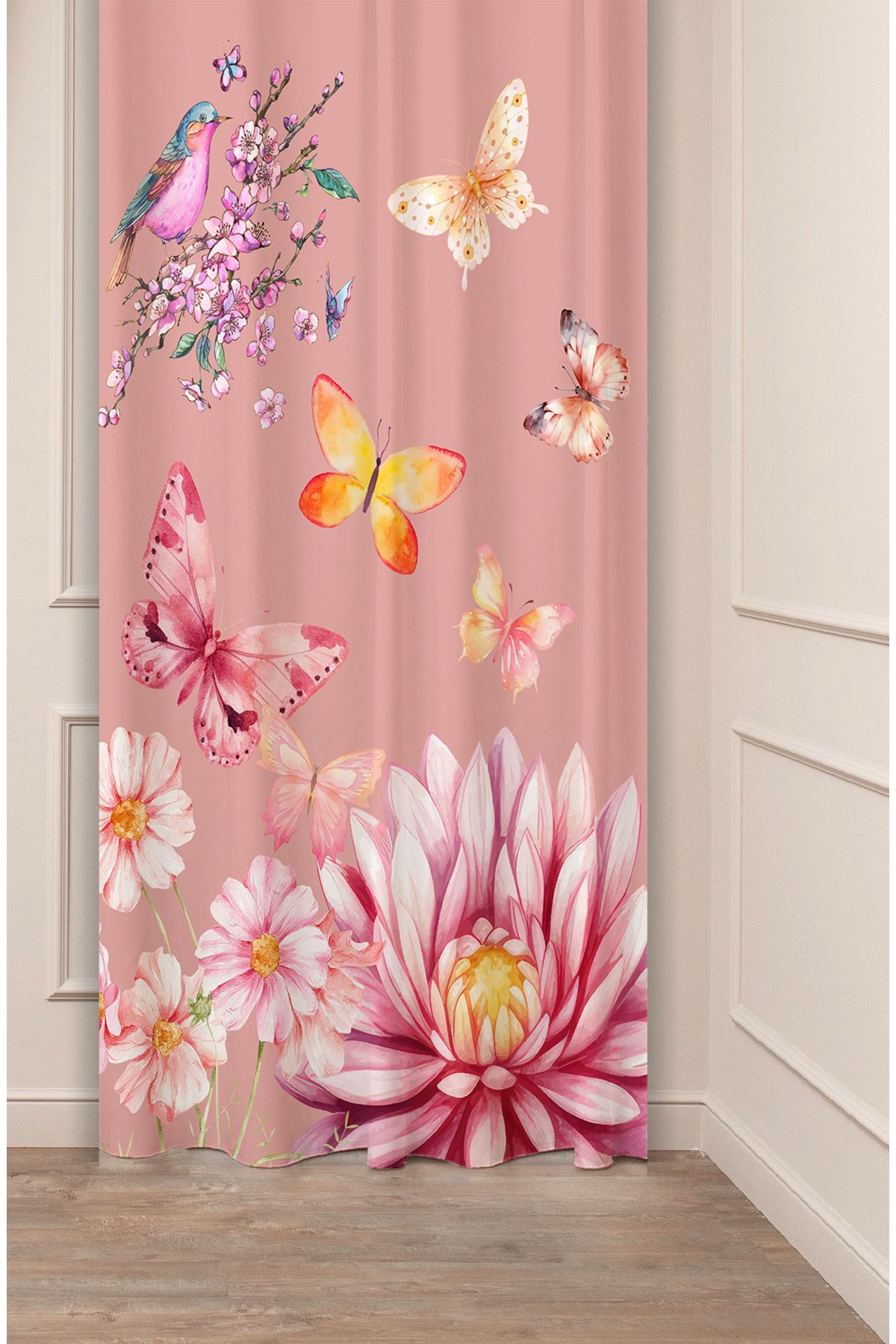 GREENDECOR Kelebek Bülbül Çiçek Pembe Mor Desenli Özel Tasarım Dijital Baskılı (Tek Kanat) Modern Şık Fon Perde
