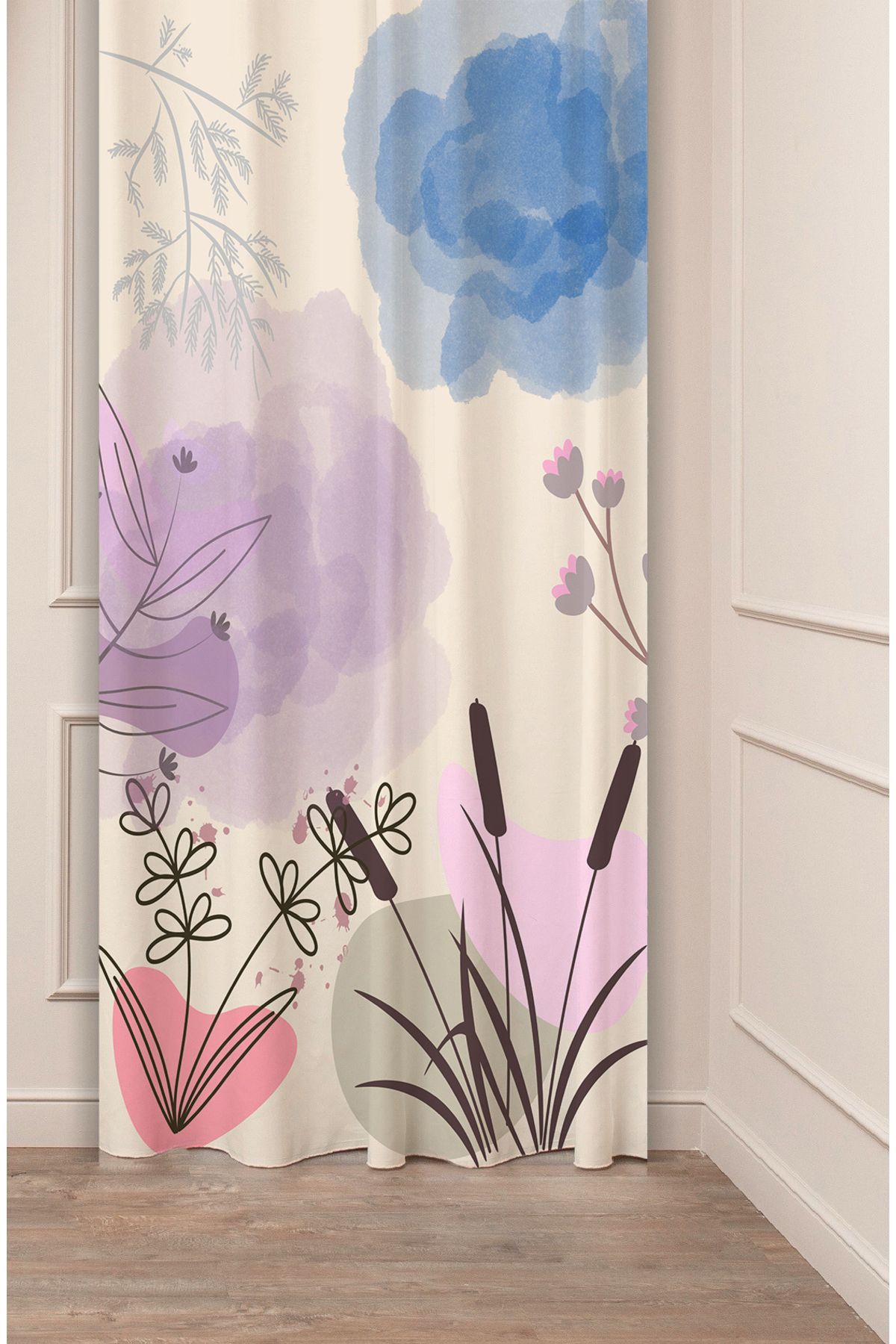 GREENDECOR Bohem Çiçekler Yaprak Bej Krem Desenli Özel Tasarım Dijital Baskılı (Tek Kanat) Modern Fon Perde