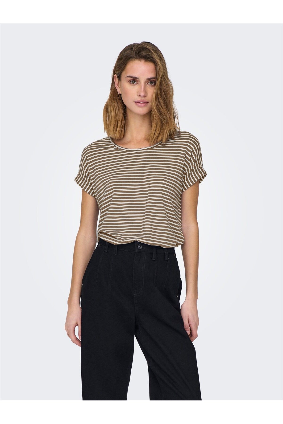 ONLY ONLMOSTER STRIPE S/S O-NECK TOP JRS NOOS Kadın Kahverengi Bluz - 15206243