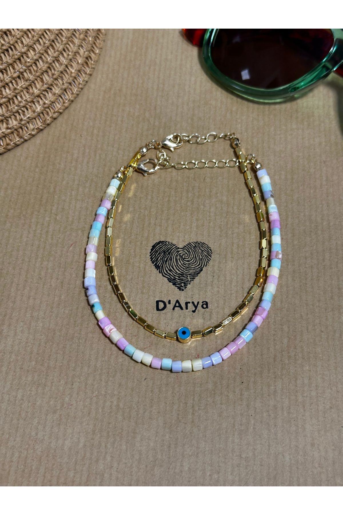 Darya DD323 2’li Pastel Boncuklu & Altın Nazar Boncuklu Halhal Seti