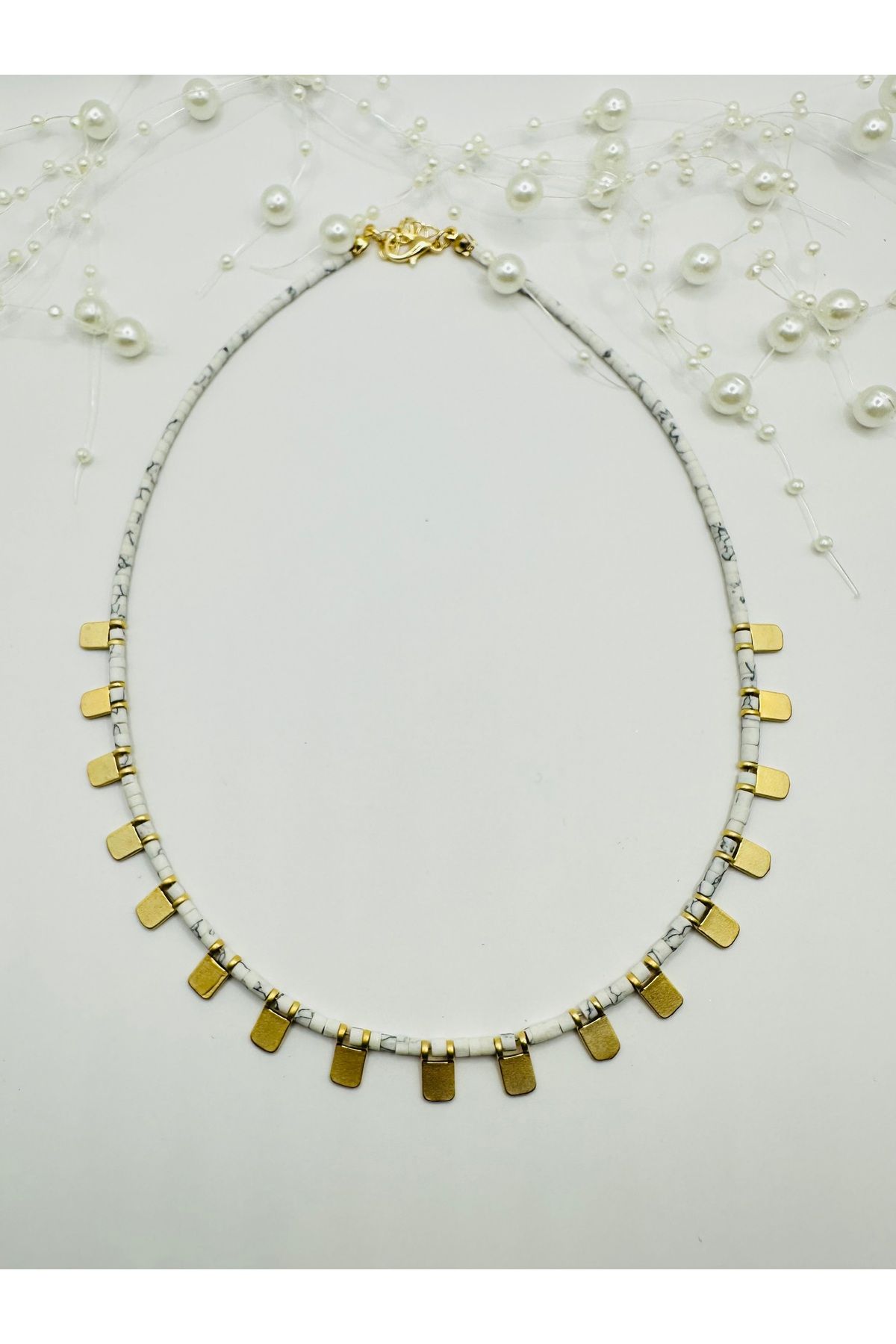 FASHION 316L Çelik Gold Püsküllü Doğal Taş Kolye