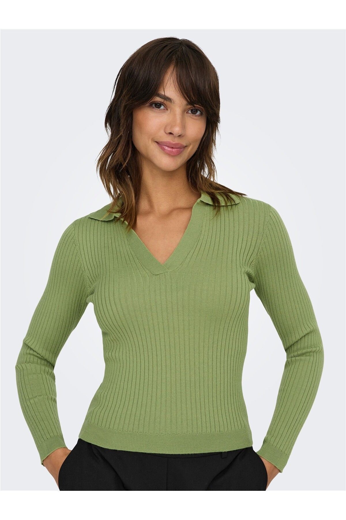 ONLY ONLNIMA LIFE LS POLO PULLOVER CC KNT Kadın Yeşil Kazak - 15344231