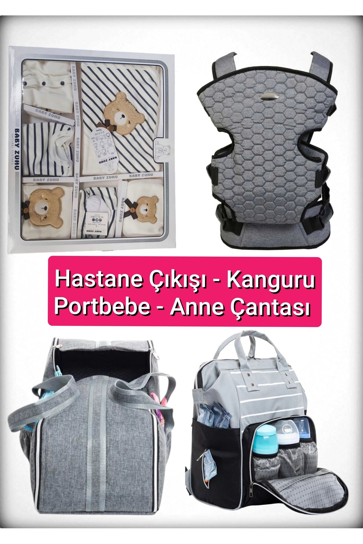 BABY ZUHU 4 Lü Doğum Seti 11 Parça Hastane Çıkışlı Portbebeli Kangurulu ve Anne Bebek Bakım Çantalı