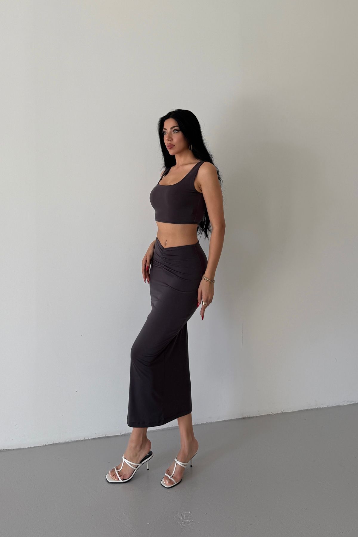 FEWTİNT-Skirt Suit - Front Tie Detail, Lined, Midi Length Skirt. Thick Straps, Crop Bluz. 4