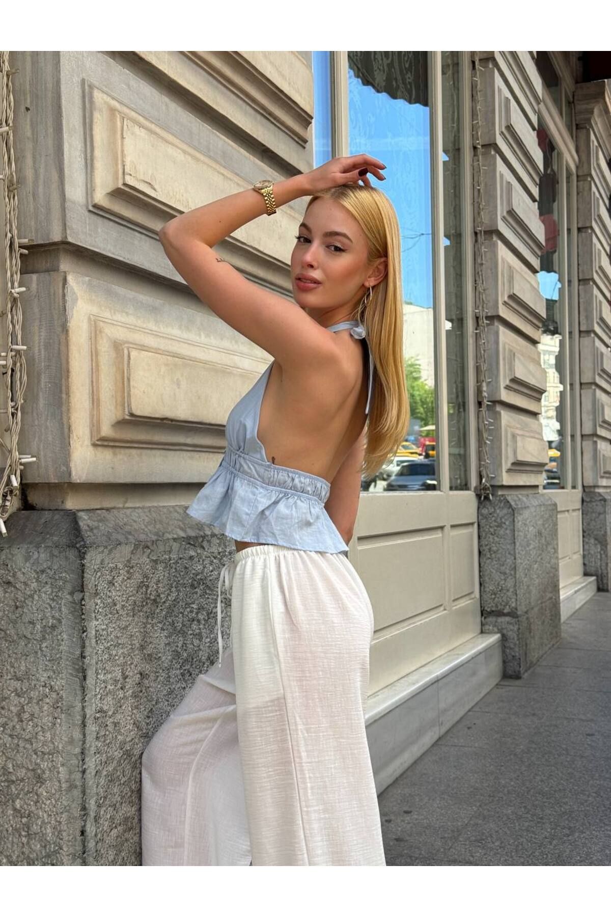 MetuCA Kadın Pamuk Keten Sırt Dekolteli Halter Yaka Bağlamalı Crop Bluz