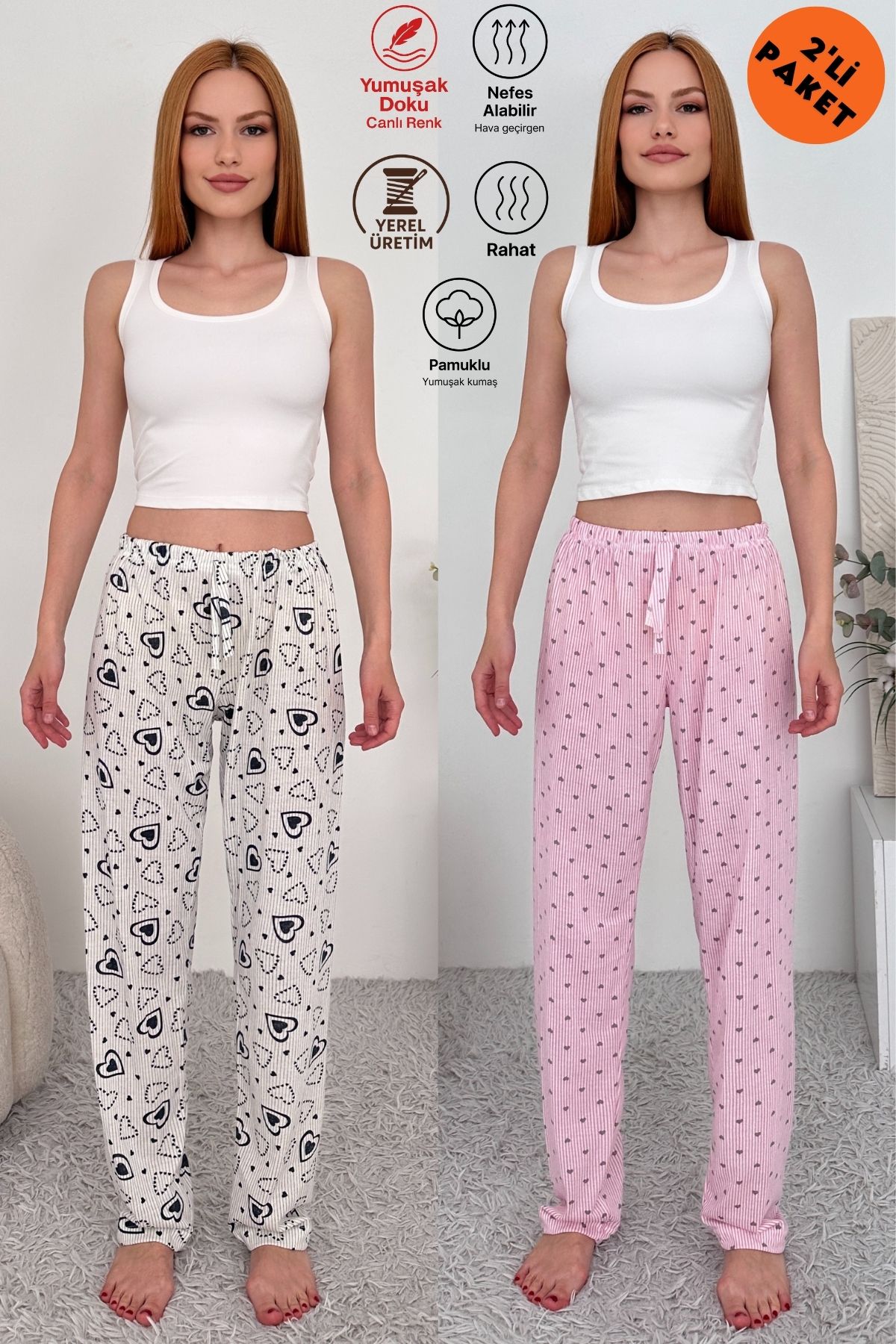 Oyga 2'li Kadın Süprem Nefes Alan Kumaş Baskılı Cepsiz Rahat Ev Giyim Pijama Altı