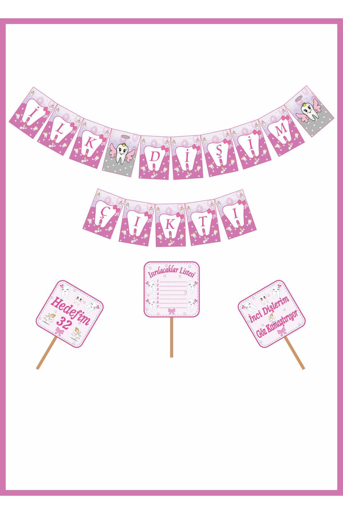 motto party İlk Dişim Diş Buğdayı Flama Pankart Seti Pembe