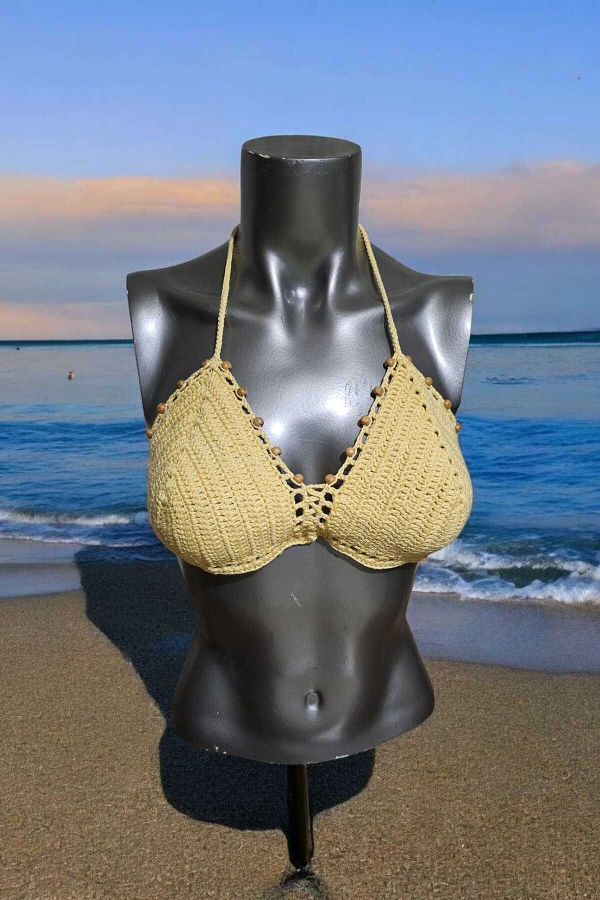 Örgü Sanatı DilekÇak El Örgüsü Ahşap Boncuklu Bikini Üstü
