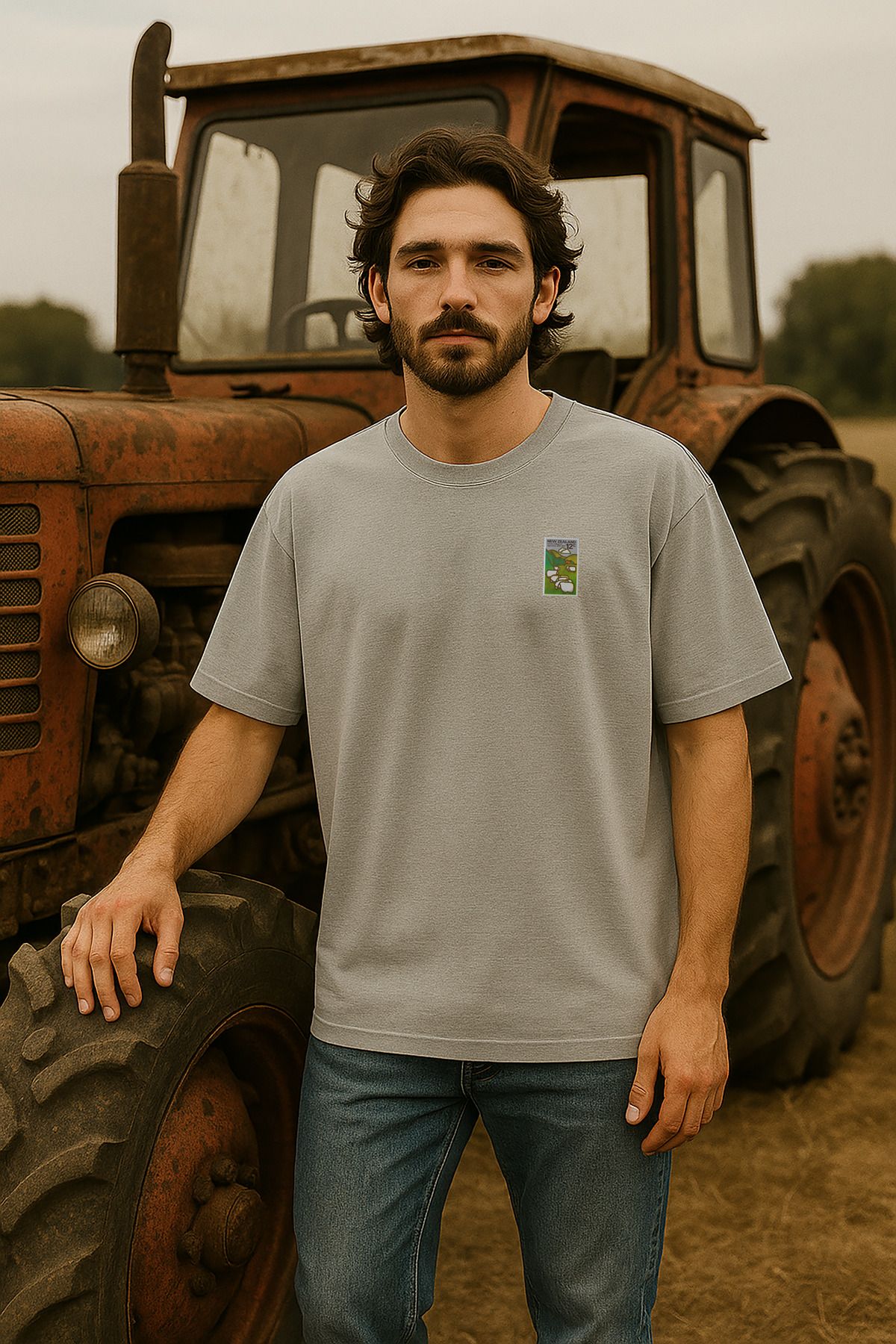 wolka Yeni Zelanda Posta Pulu Baskılı Unisex %100 Pamuk Oversize Bisiklet Yaka Gri T-shirt