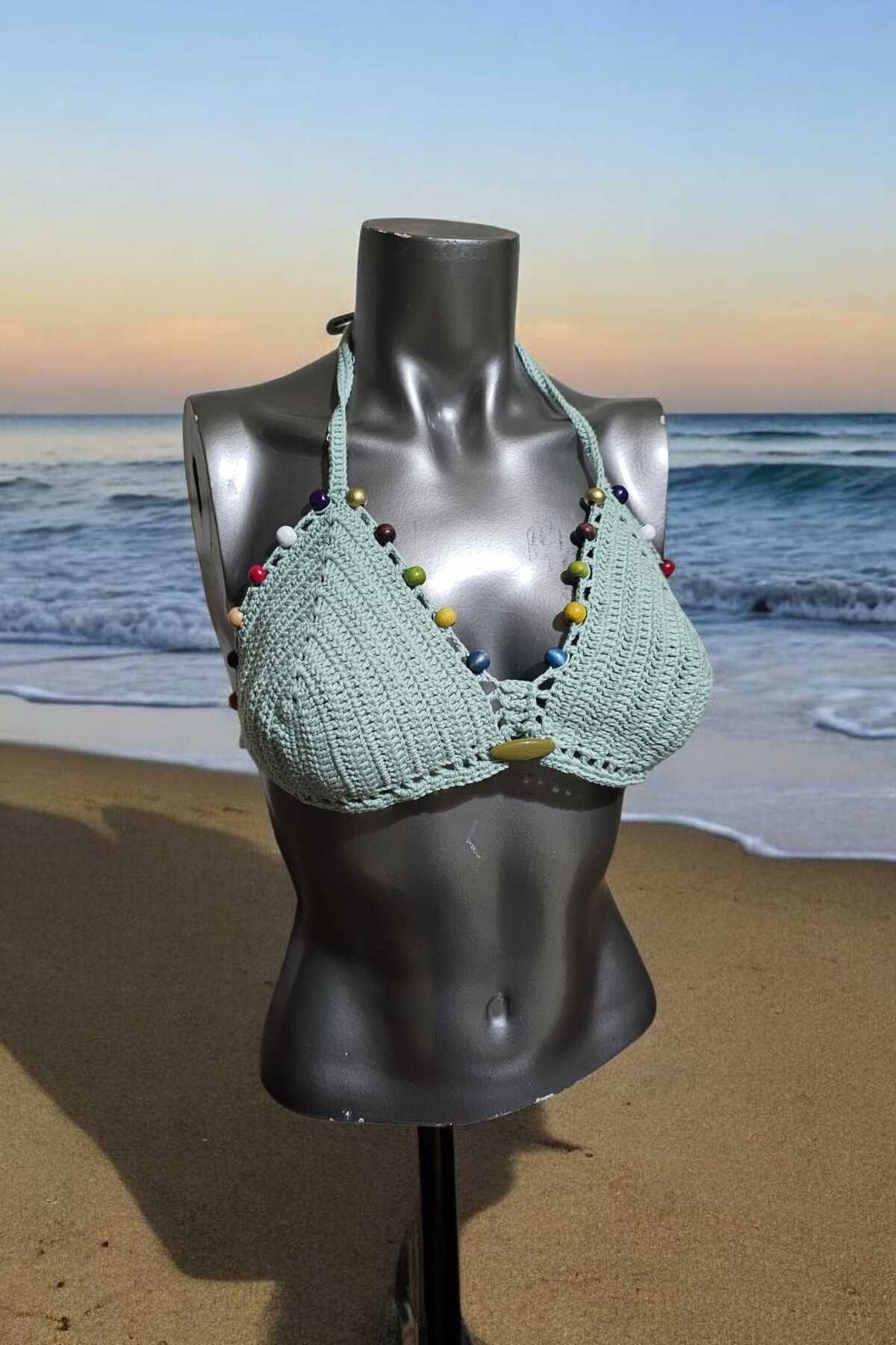 Örgü Sanatı DilekÇak El Örgüsü Ahşap Boncuklu Bikini Üstü