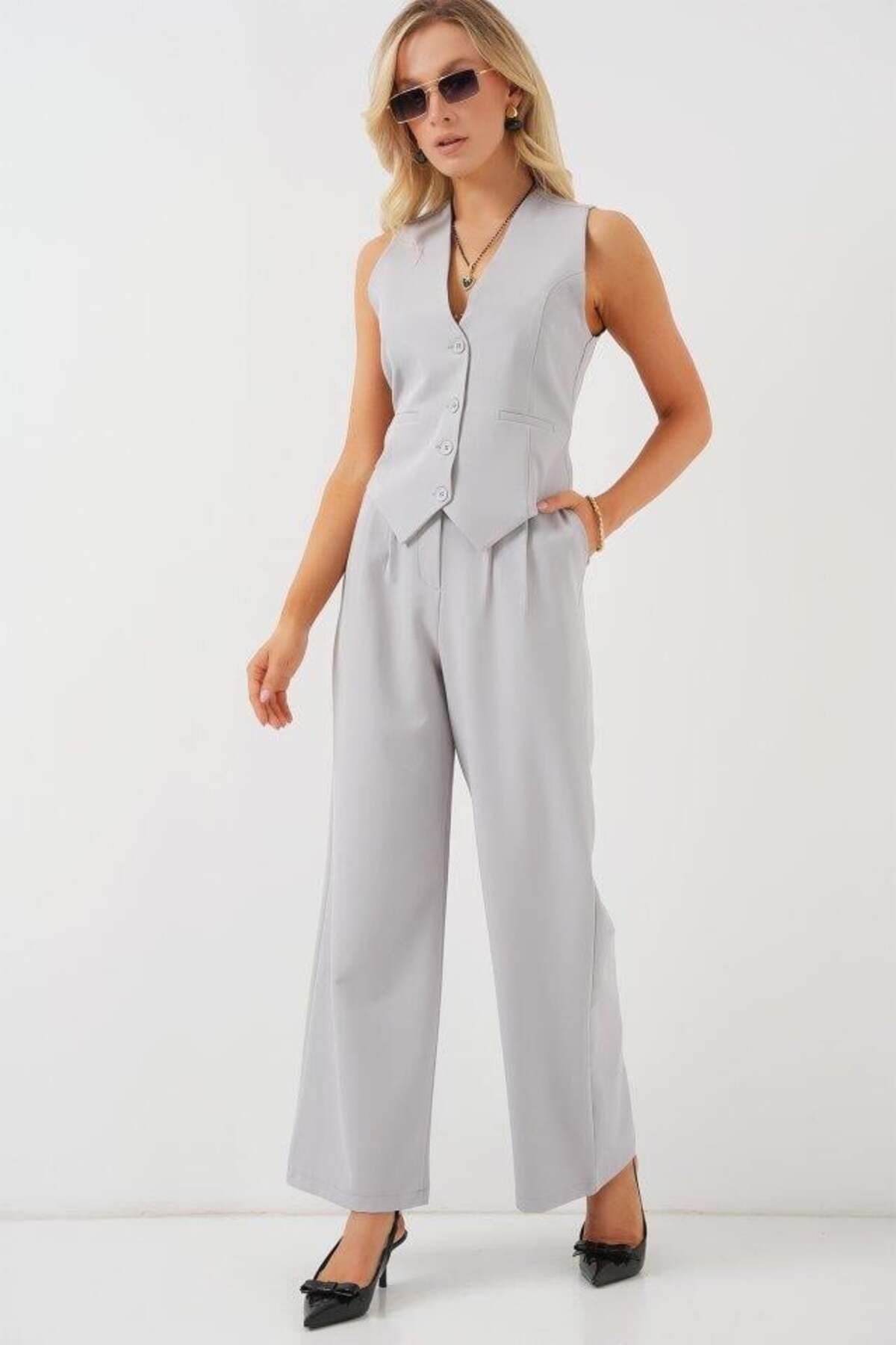 Inciqueen 6709 Yelek Pantolon İkili Takım - Gri