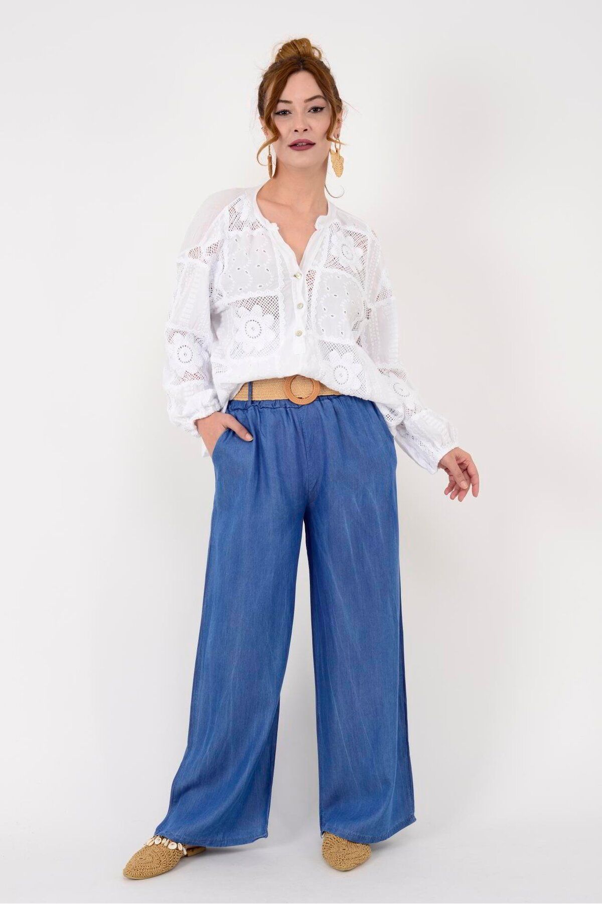 ZTO KADIN İNCE KUMAŞ BOL PAÇA KEMERLİ PANTALON