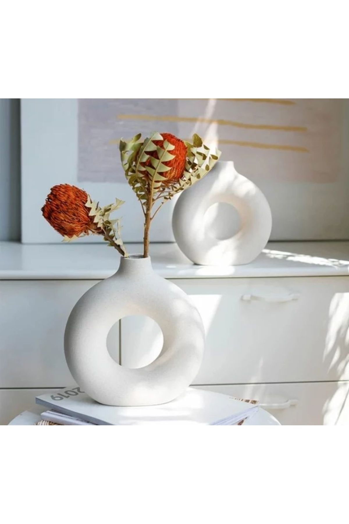 ZEALL DESIGNS Dekoratif İskandinav Tarzı Bohem Halka Vazo 2li 14-9cm Beyaz