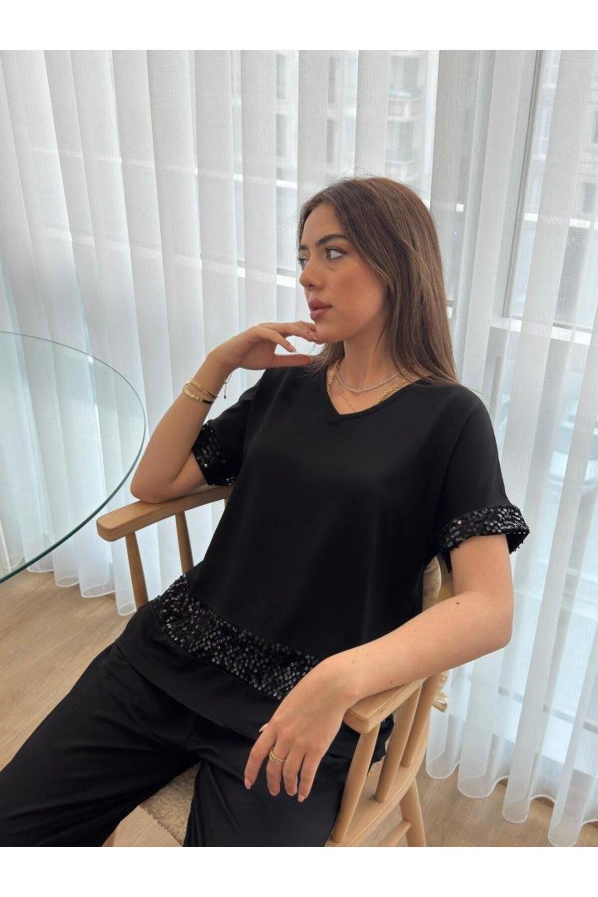 Inciqueen Kadın Kısa Kollu V Yakalı Pul Payetli Viskon Iki Iplik Bluz Ve Pantolon Ikili Takım