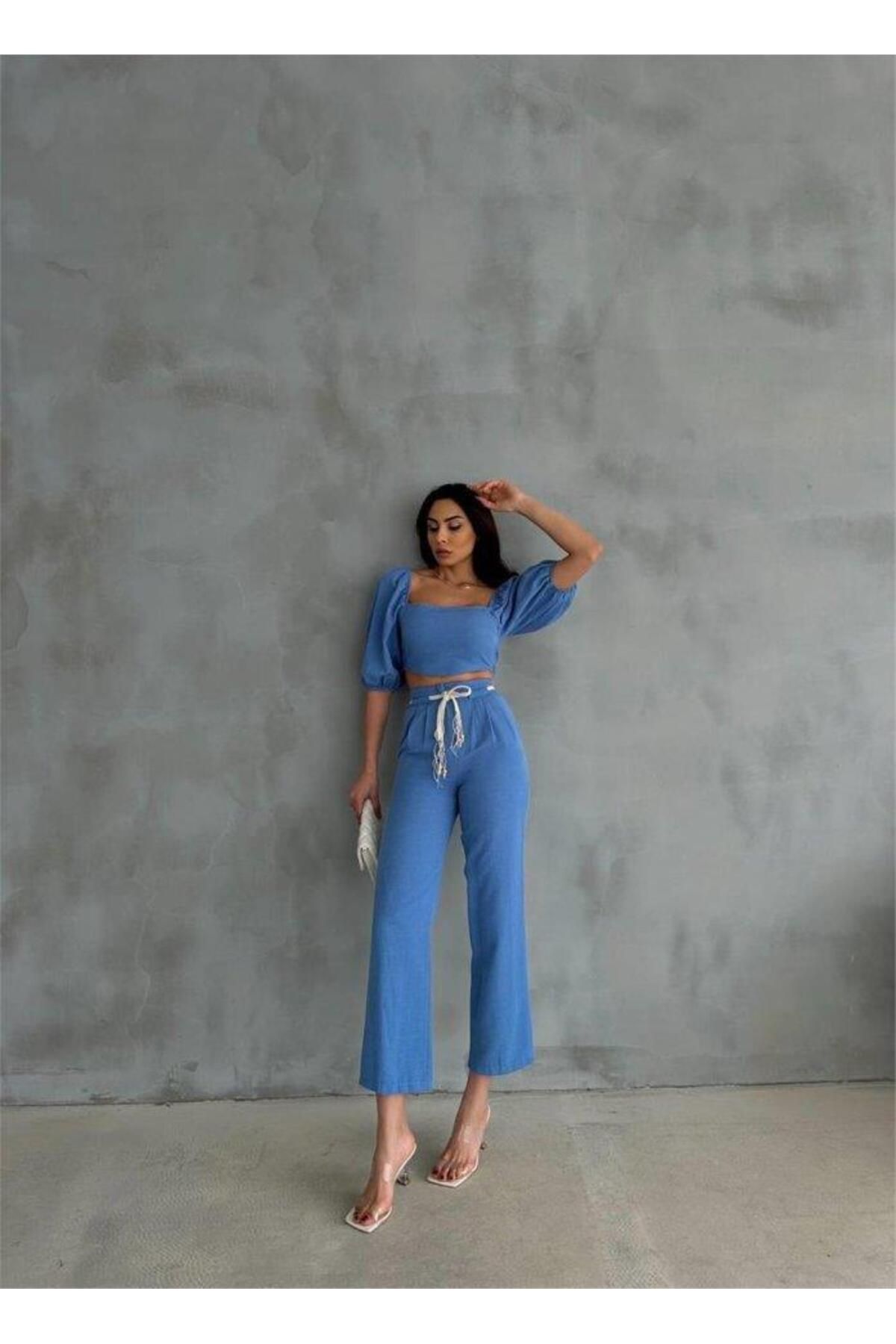 Inciqueen KETEN CROP KARPUZ KOL BLUZ-PANTOLON HASIR KEMERLİ - Mavi