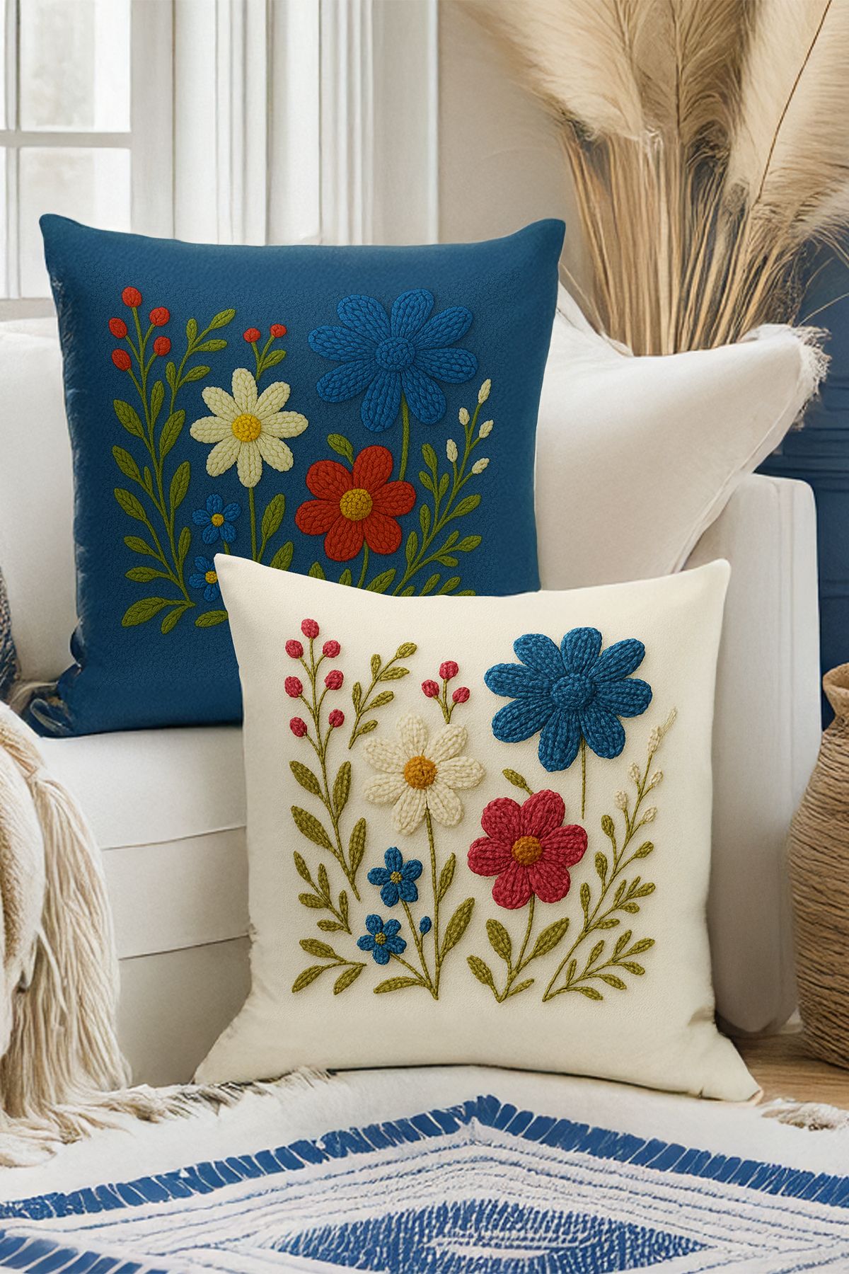 Bertille Home Çift Tarafı Dijital Baskılı 4'lü Kırlent Kılıfı Seti (Panç /Punch Nakış Desen Görünümlü)