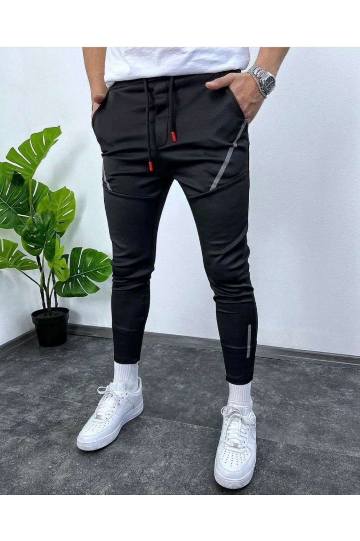 ZOKAWEAR Erkek Dar Kesim Siyah Slim fit Dalgıç Scuba Eşofman Altı Paçası Fermuarlı