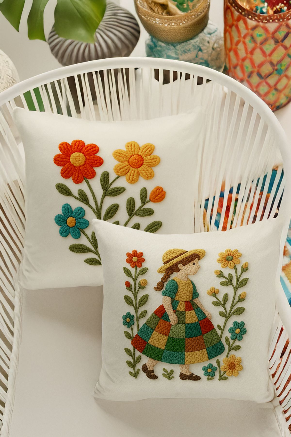 Bertille Home Çift Tarafı Dijital Baskılı 4'lü Kırlent Kılıfı Seti (Panç /Punch Nakış Desen Görünümlü)