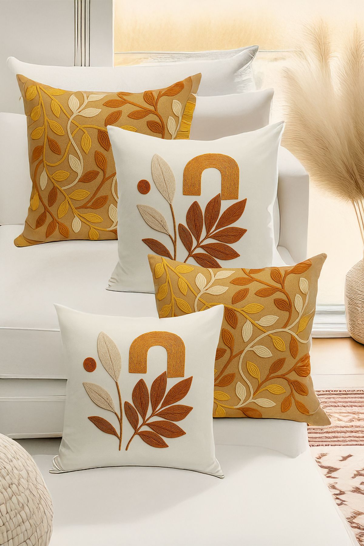 Bertille Home-Double Side Digital Printed Set of 4 Throw Pillow Covers (Punch/Punch Embroidery Pattern Look) 2