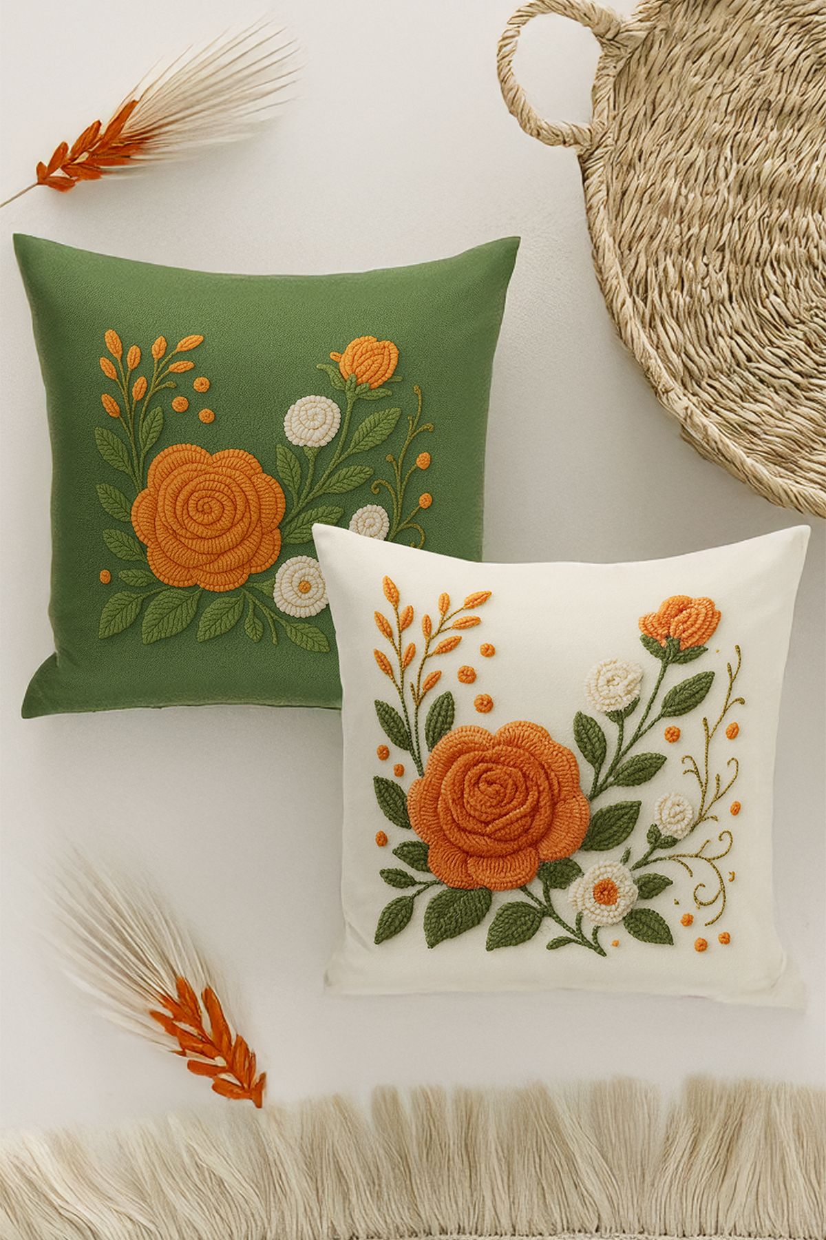 Bertille Home Çift Tarafı Dijital Baskılı 4'lü Kırlent Kılıfı Seti (Panç /Punch Nakış Desen Görünümlü)