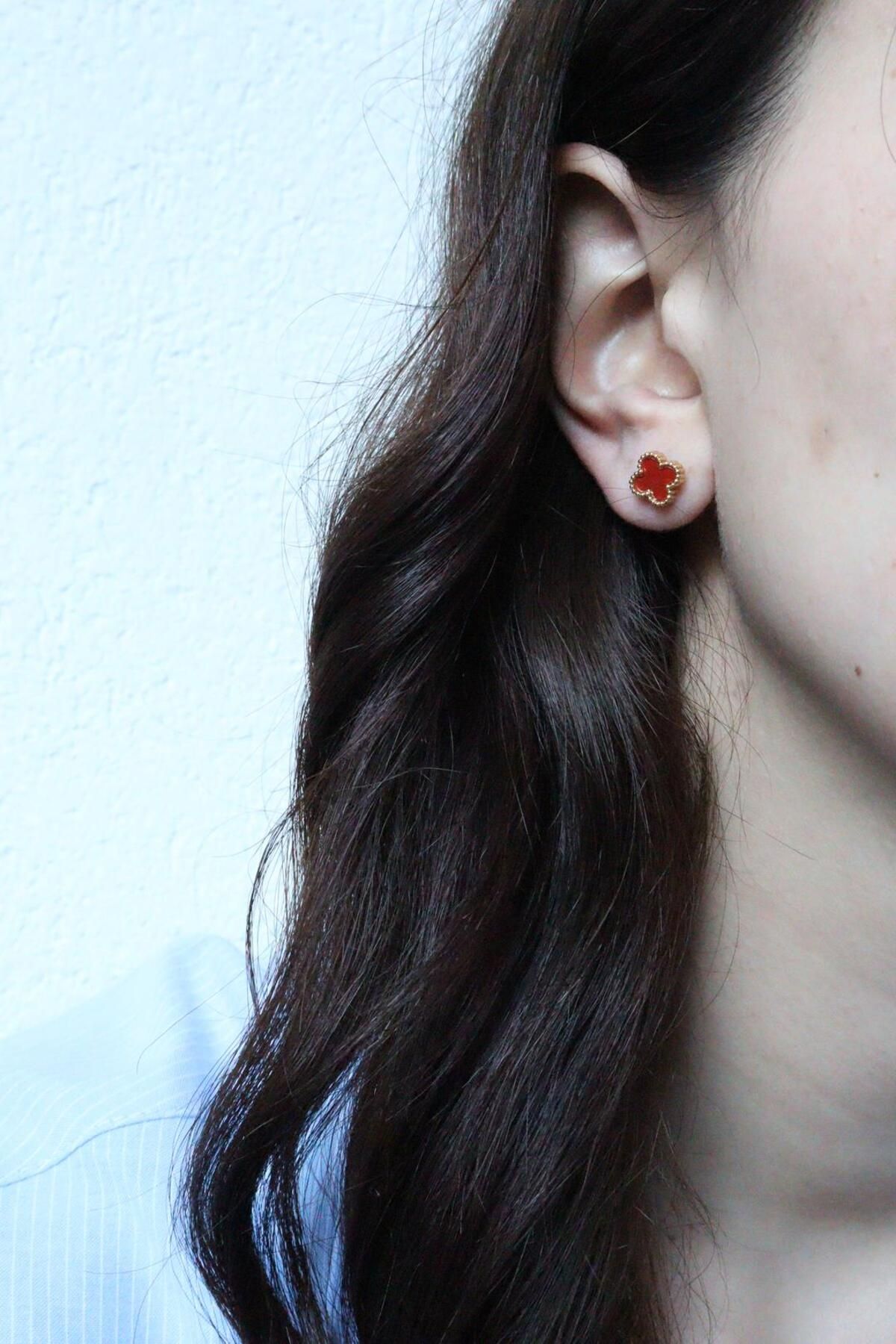 mercanjewelry Yonca Marka Model Gold Bordo Küpe
