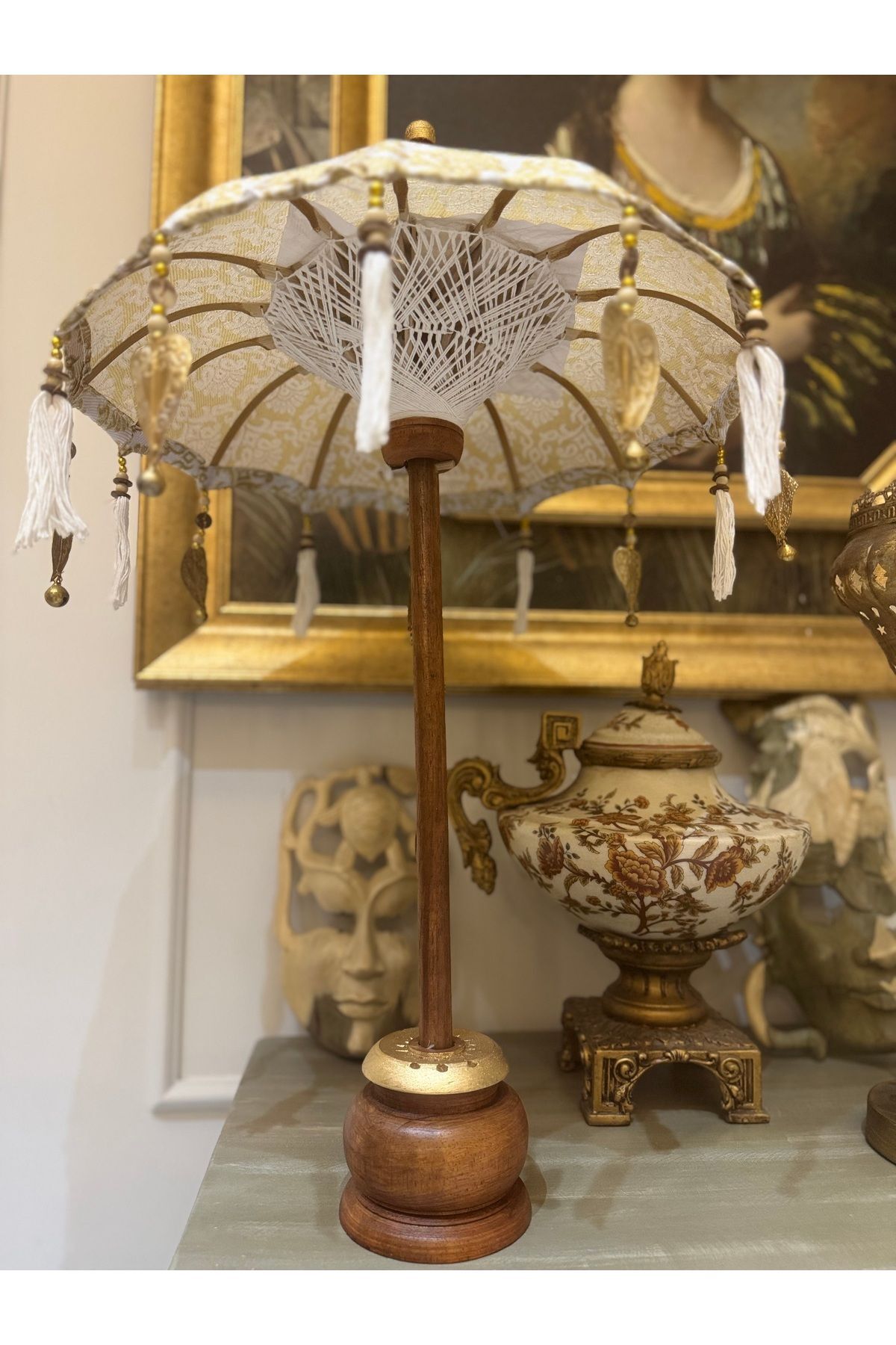 SerenityHaven Dekoratif Bali Şemsiye Krem Organizasyon Süsleme Bohem Obje Dekorasyon Gold Varak Desenli Bej 70 cm