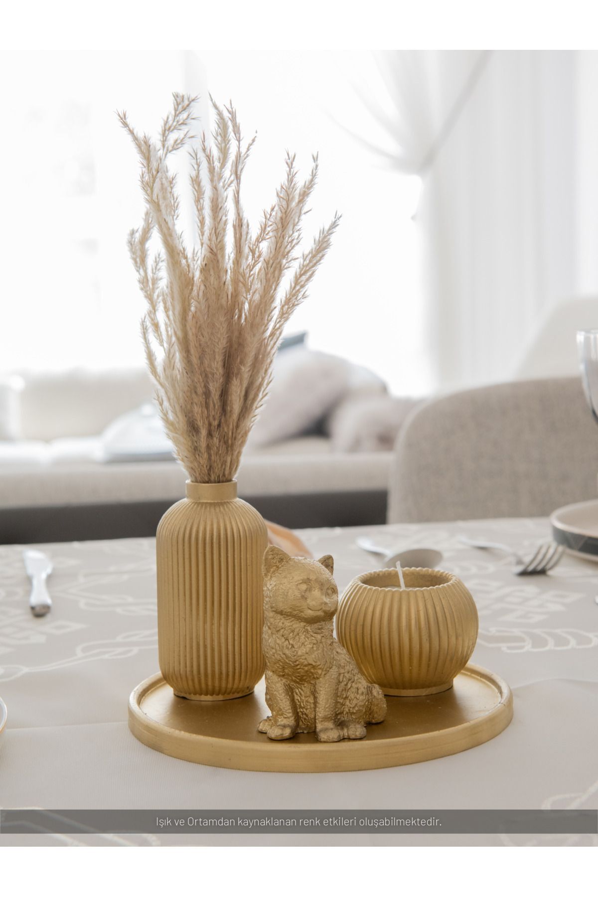 SerenityHaven Golden Collection - Dekoratif 3'li Set - Tüylük & Mumluk & Figür Kedi - Altın Yaldızlı