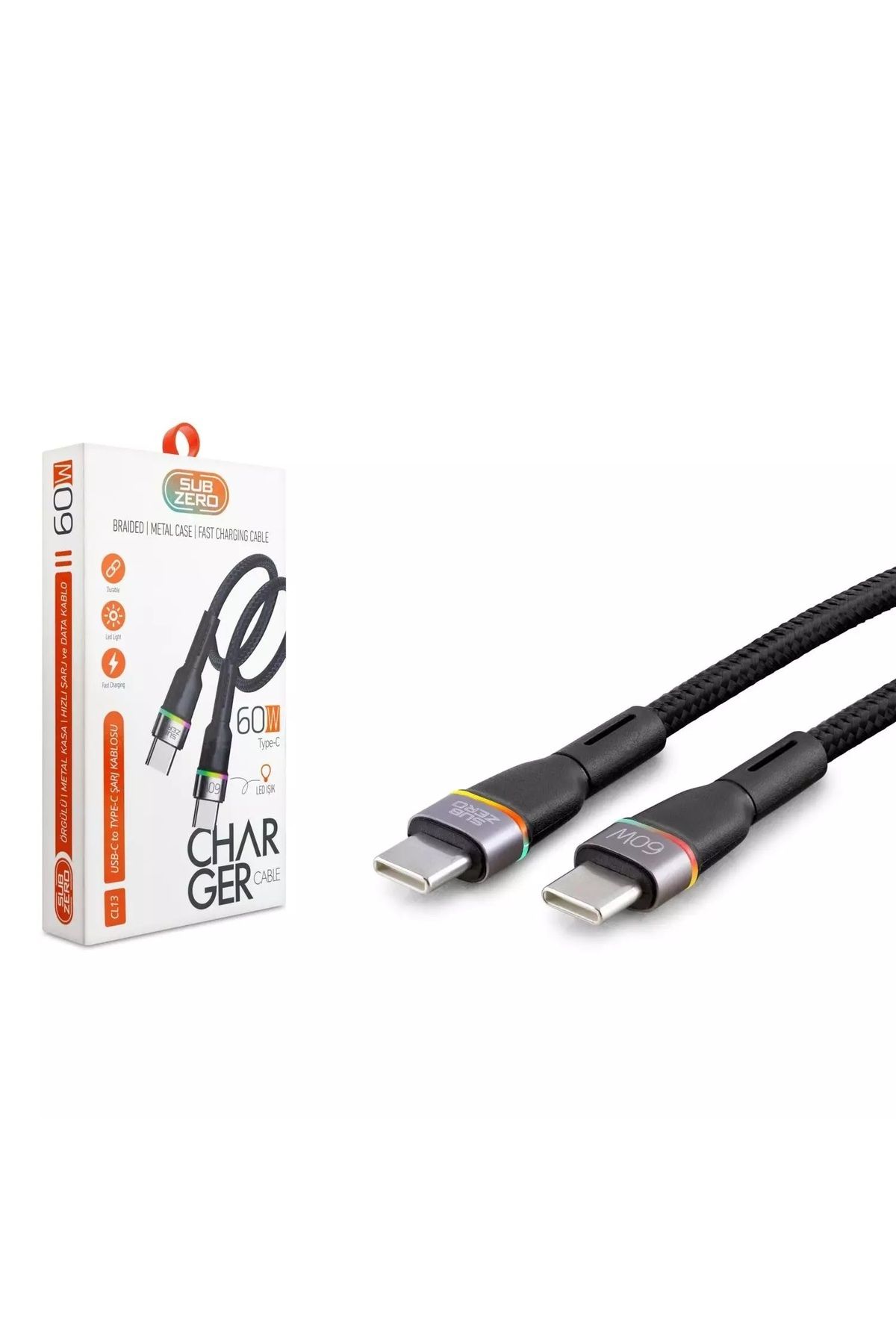 Alışveriş Express CL13 60W PD Type-C to Type-C RGB Ledli Metal Hasır Şarj ve Data Kablosu 1mt