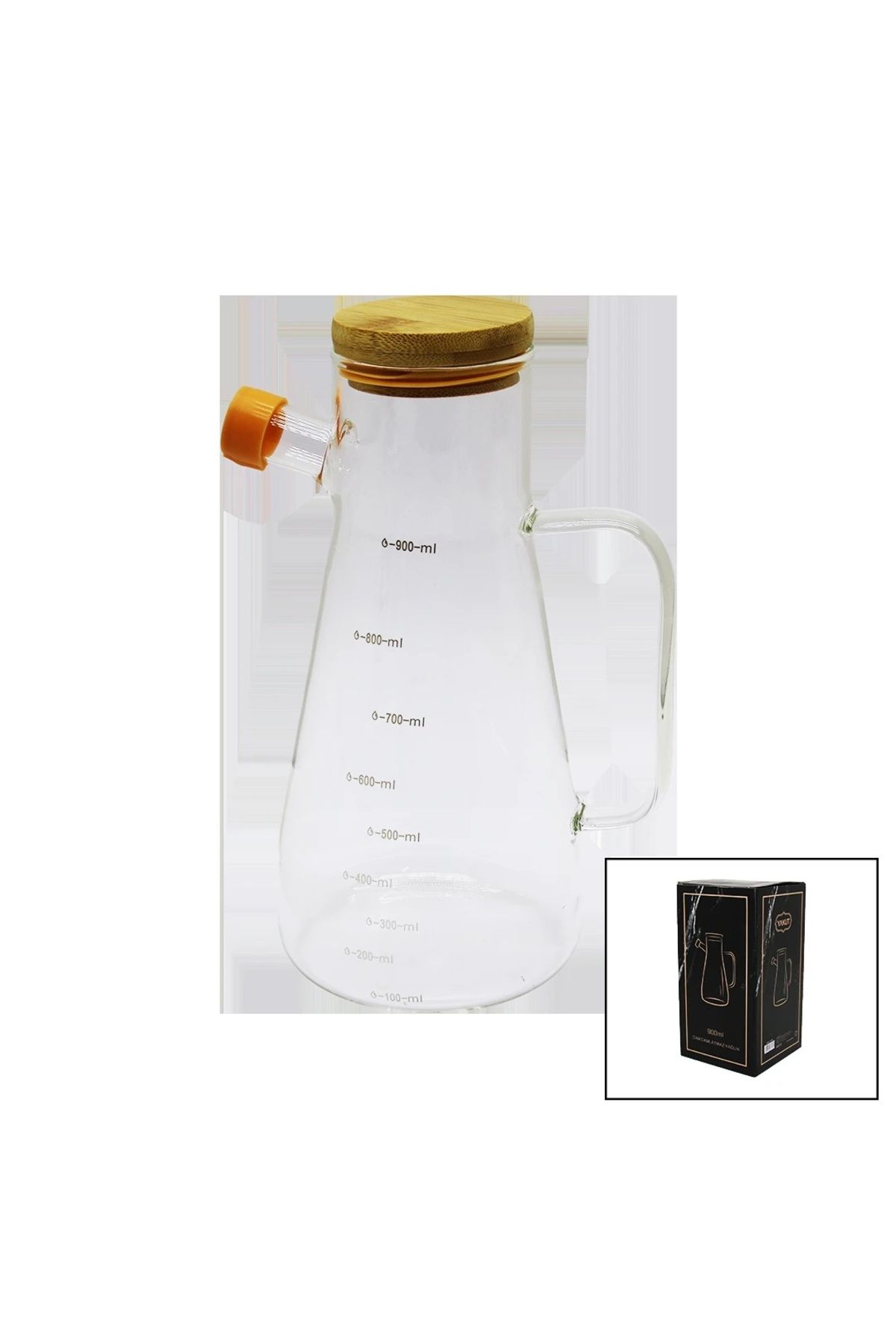 BIGBOYCL Damlatmaz Cam Yağdanlık Bambu Kapaklı Ölçekli 900Ml
