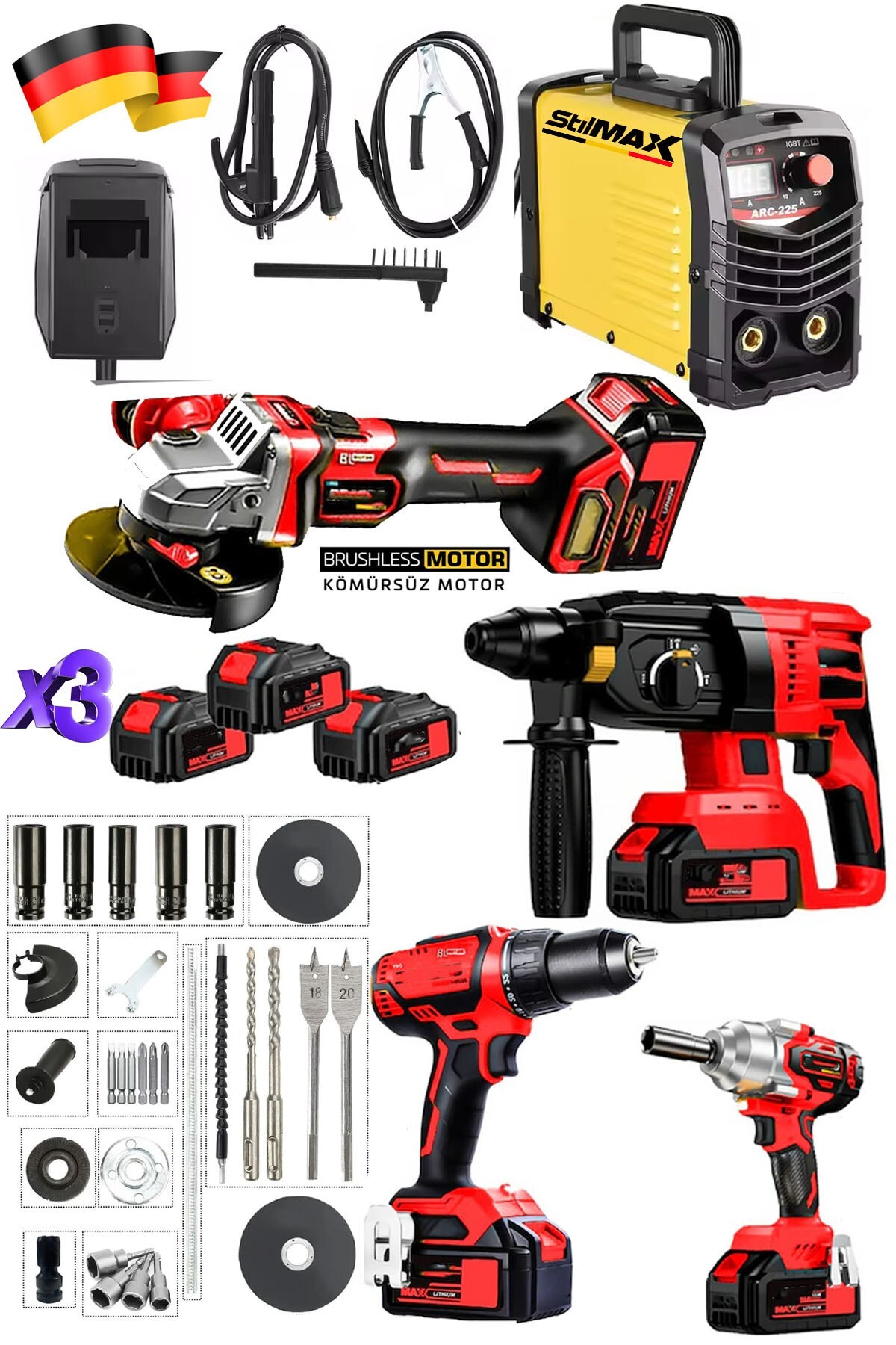 STILMAX 5IN1 5'li 10Pil 21V Profesyonel Set 200A İnvertör Kaynak Şarjlı Matkap Somun Sıkma Kırıcı Taşlama