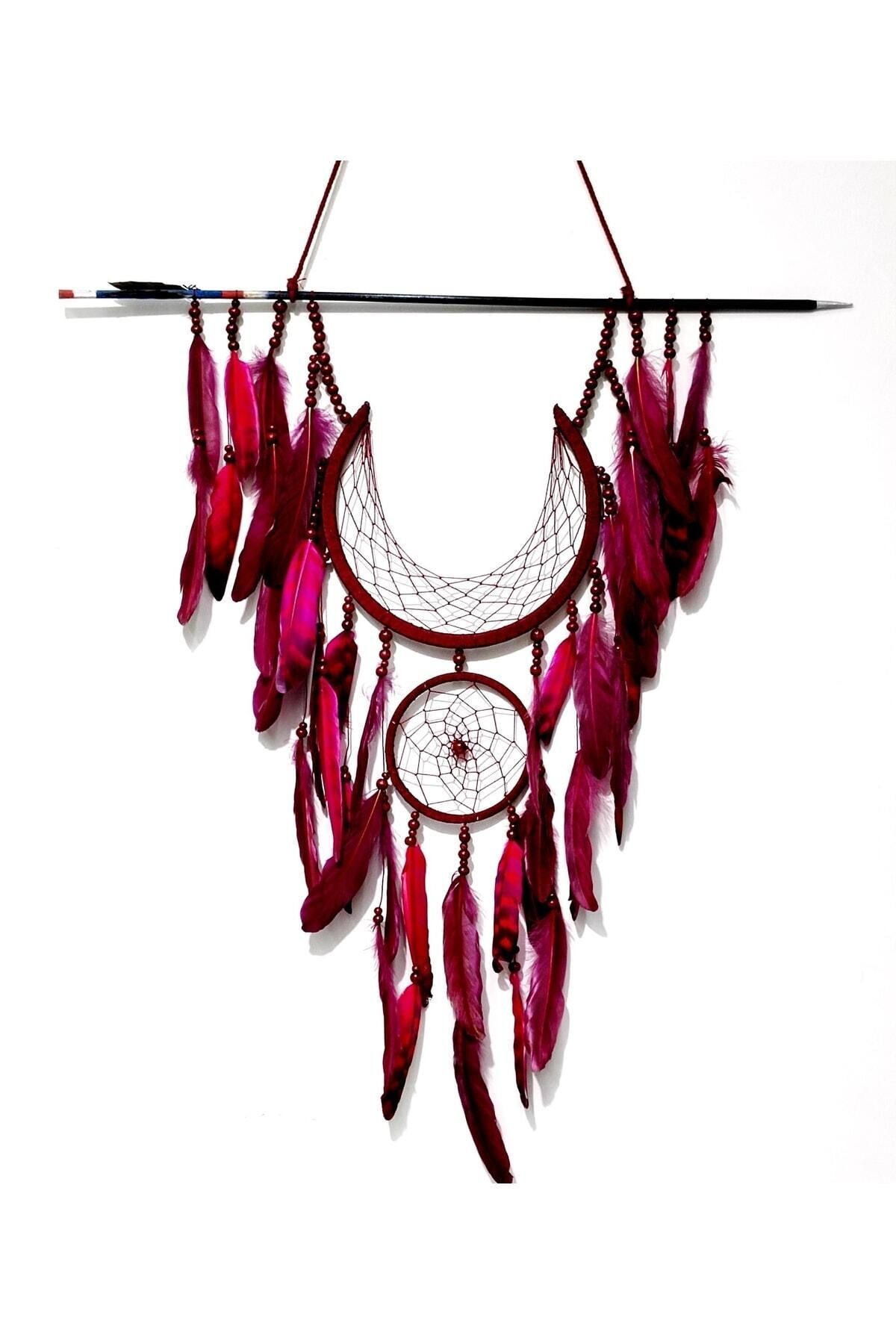 SerenityHaven Ok ve Ay Modelli Vişne Rengi Dream Catcher Duvar Süsü