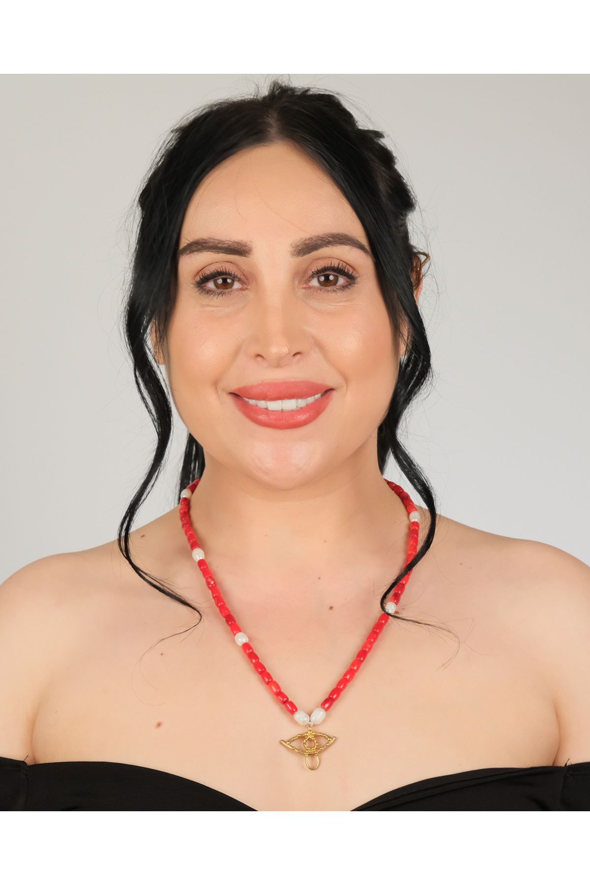 polimooi Kırmızı Mercan & İnci Boncuklu, Bronz ‘Göz' Kolye – Boho Şans Tılsımı