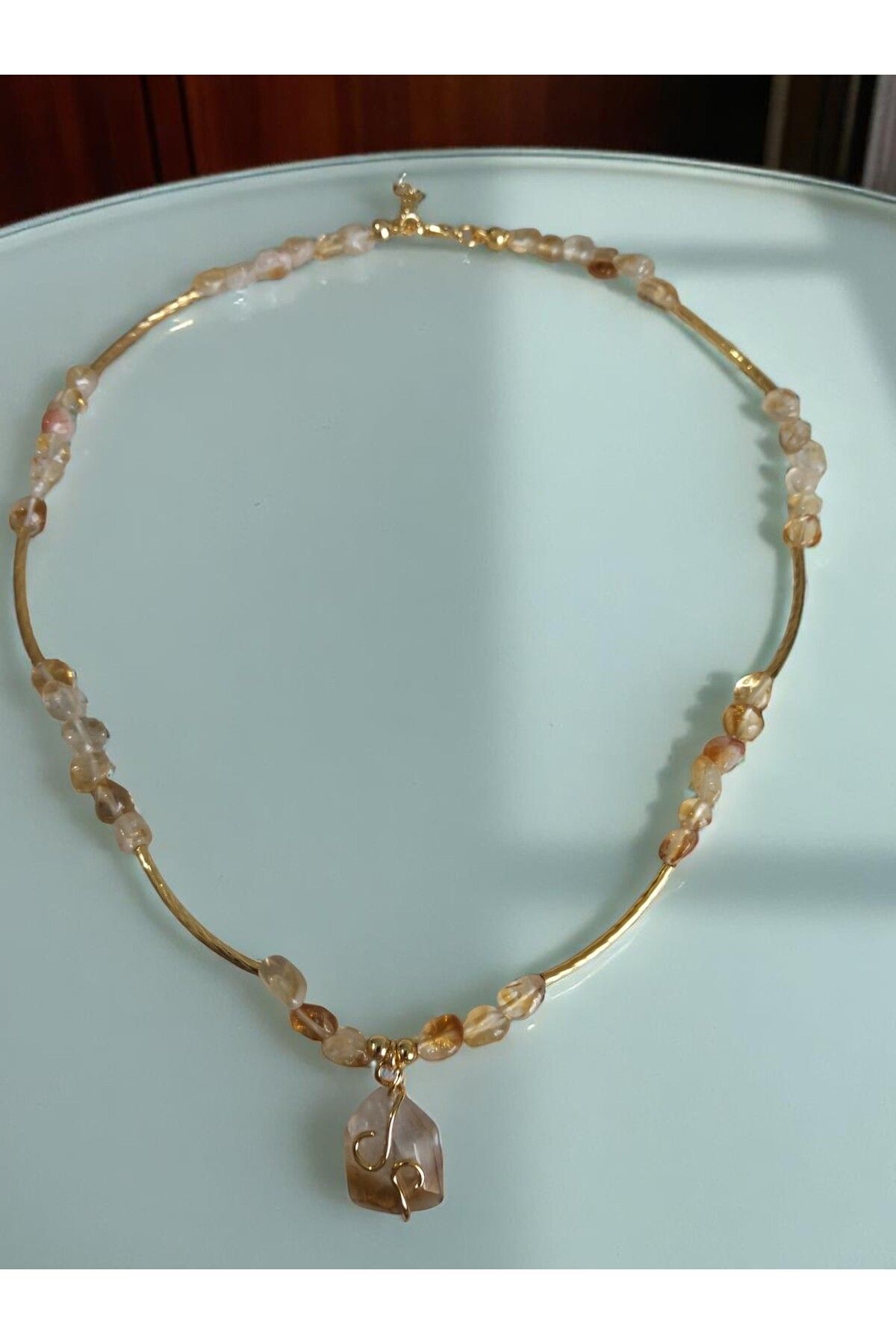 CLOVER JEWELRY Sitrin Doğal Taş Çelik Kolye