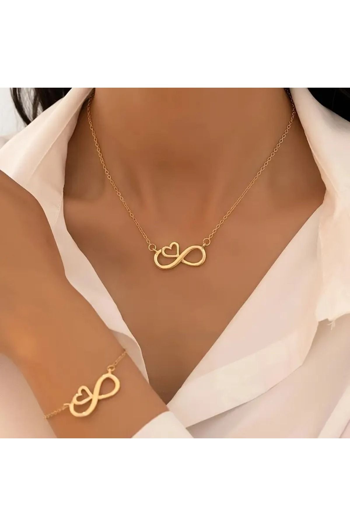 Feron accessories Kadın Takı Seti 1 Kolye + 1 Bileklik Seti Trendy Sonsuzluk + Kalp TM5656