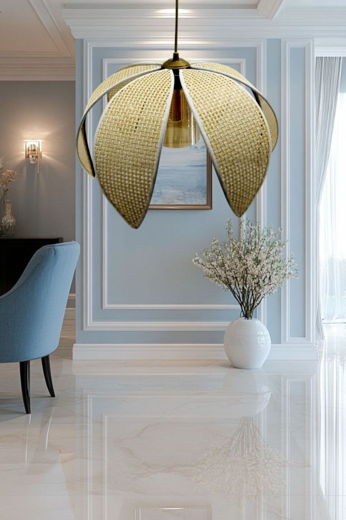 Decodelight Hasır Hazeran Rattan Palmiye Model Bohem Salon Oturma Odası Hol Cafe Restaurant Tekli Sarkıt Avize