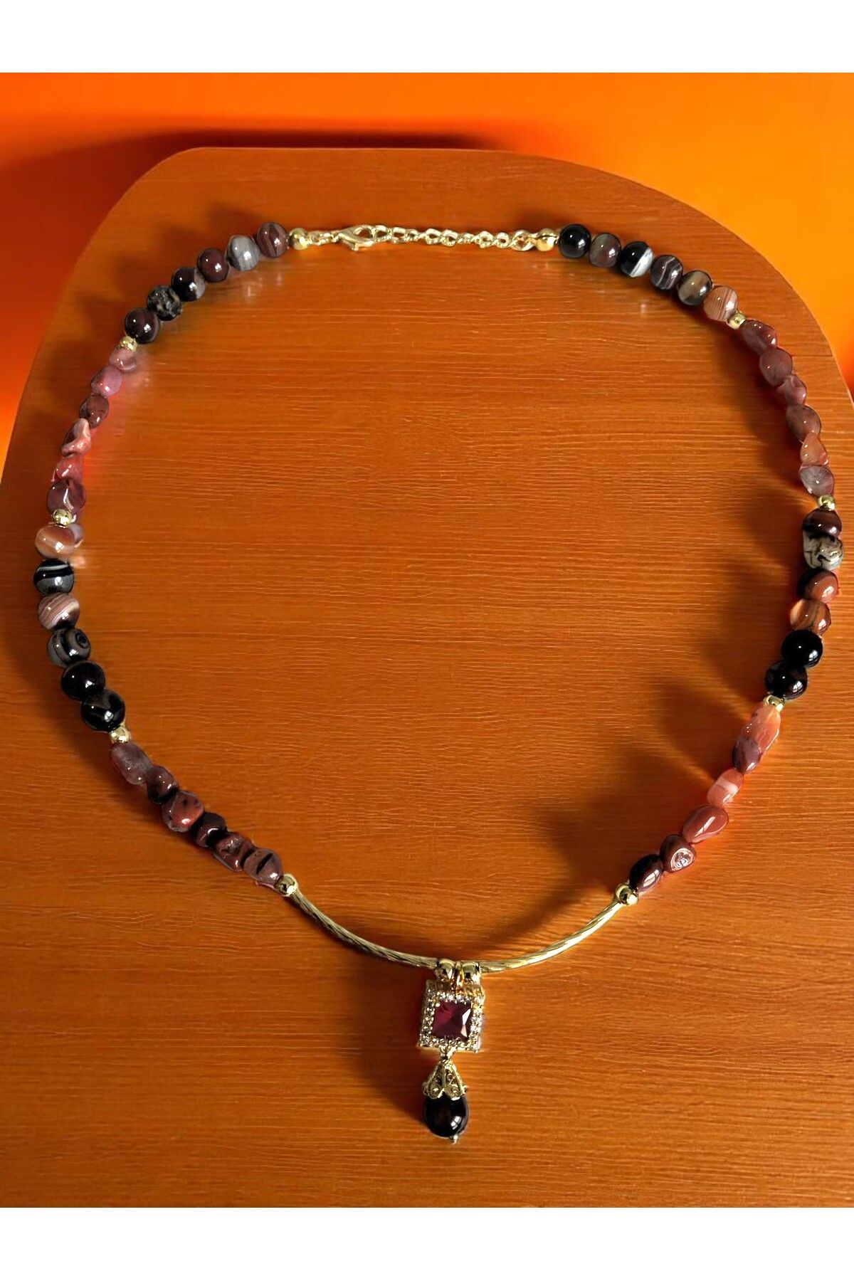 CLOVER JEWELRY Akik Doğal Taş Çelik Kolye