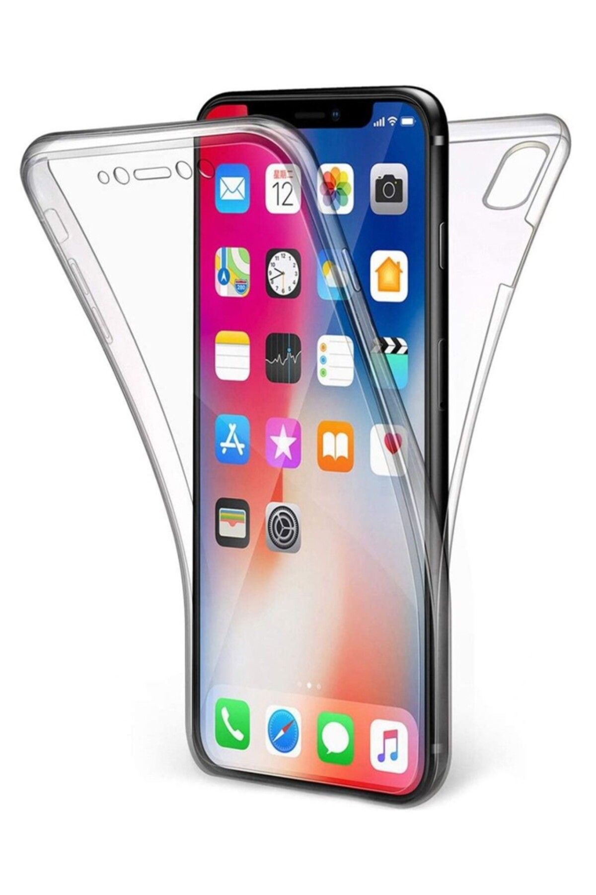TezMax Apple iPhone X Uyumlu 360° Ön Arka Tam Koruyucu Şeffaf Silikon Full Body Kılıf