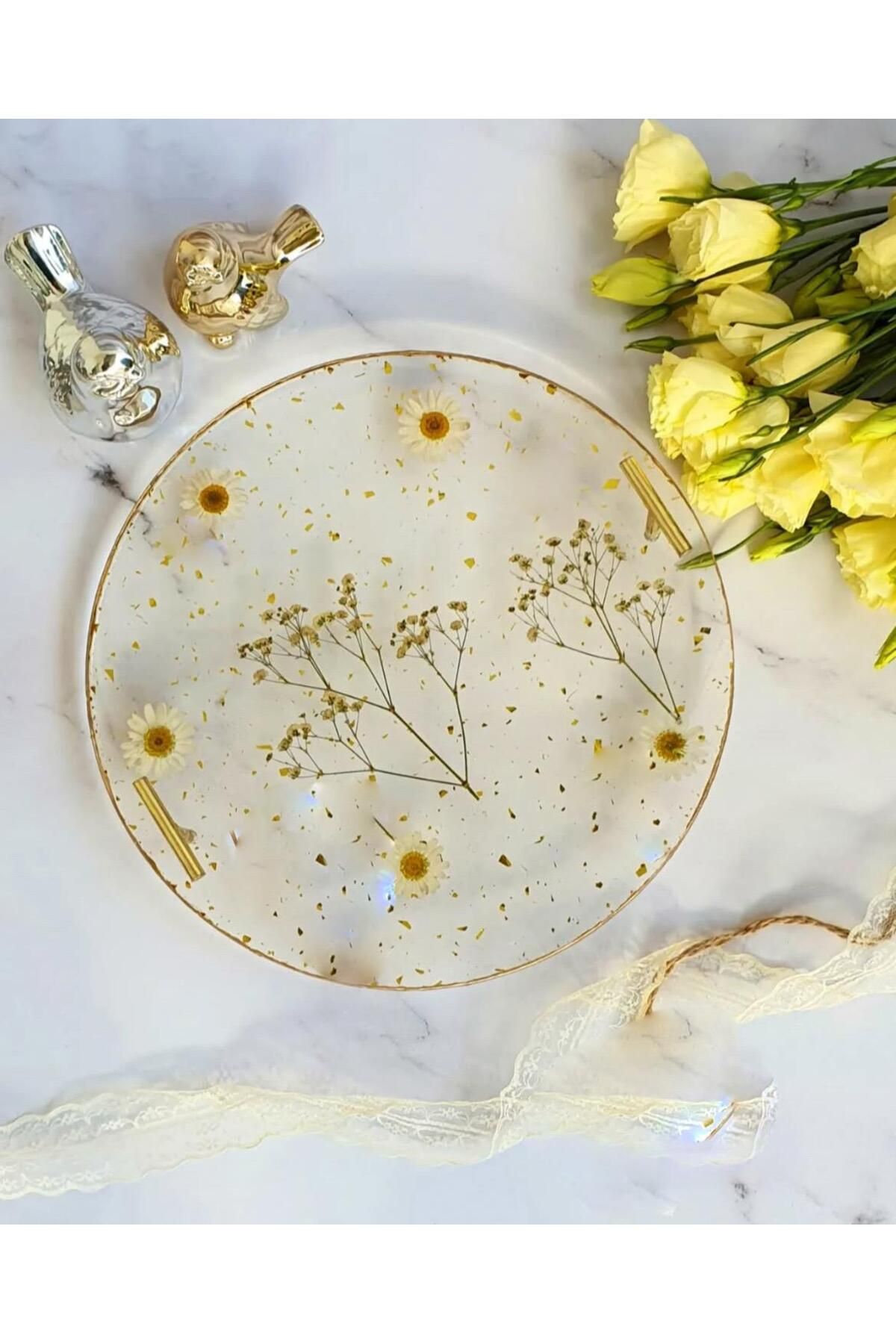 Sultan Tasarım-Gold Leaf Rectangular Wavy Patterned Two Person Promise Engagement Groom Presentation Epoxy Tray 18X28 cm 2