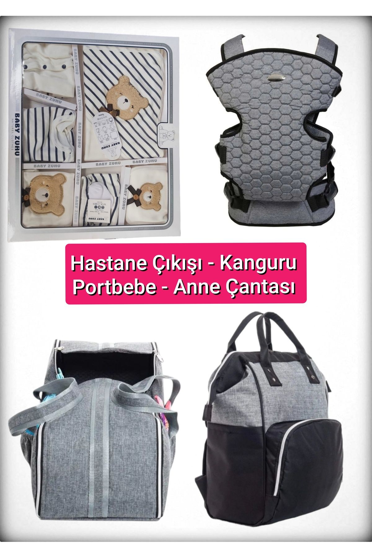 BABY ZUHU 4 Lü Doğum Seti 11 Parça Hastane Çıkışlı Portbebeli Kangurulu ve Anne Bebek Bakım Çantalı