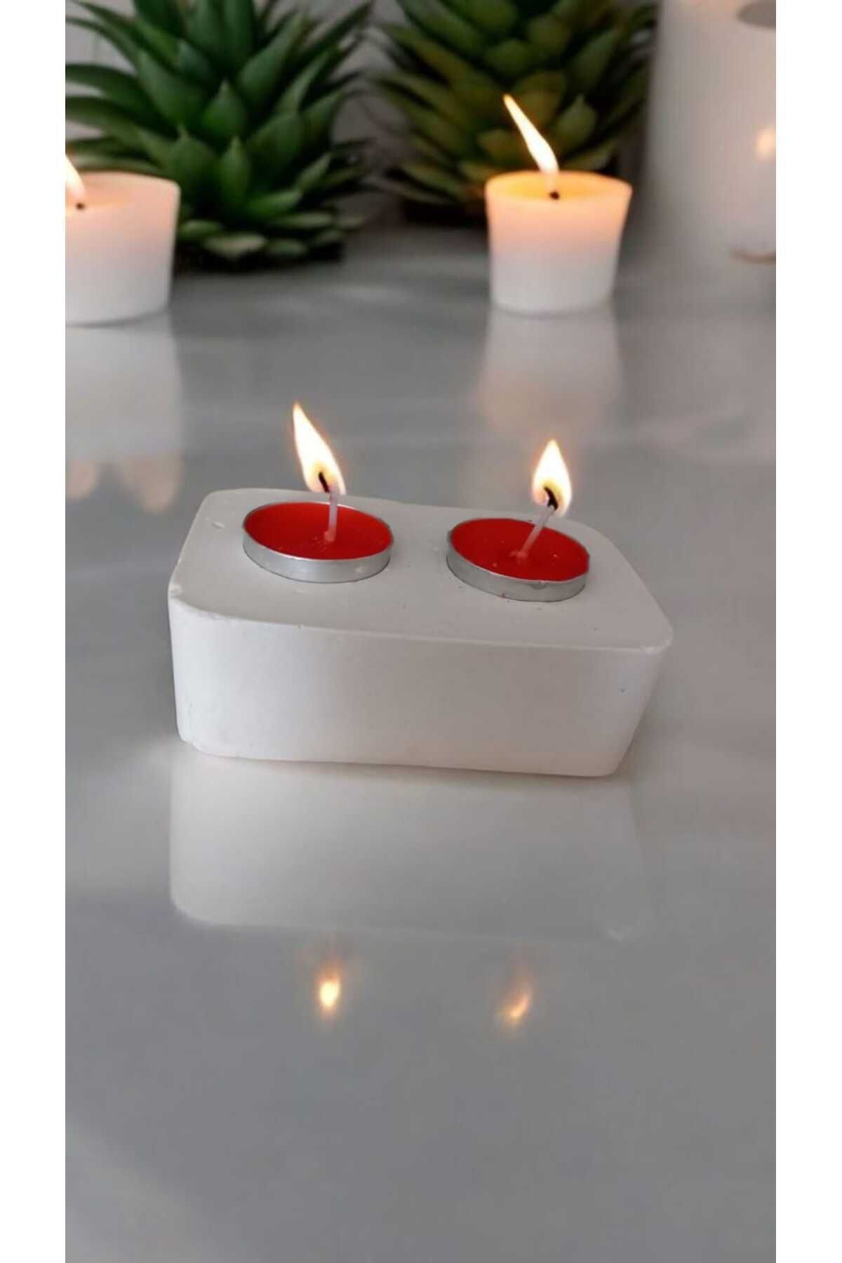 AYŞEM Beyaz Alçı Mumluk,Mum Altlığı,Mini Kırmızı Mum,Hediyelik Mum