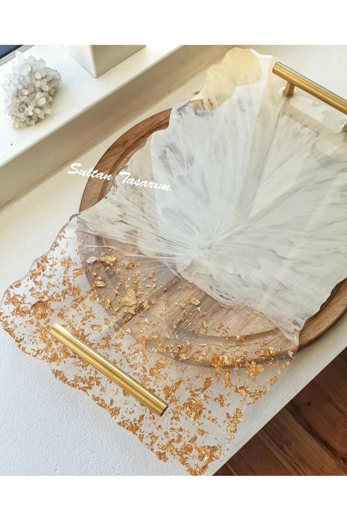 Sultan Tasarım Altın Varaklı Dikdörtgen Dalgalı Desenli Iki Kişilik Söz Nişan Damat Sunum Epoksi Tepsisi 18x28 Cm