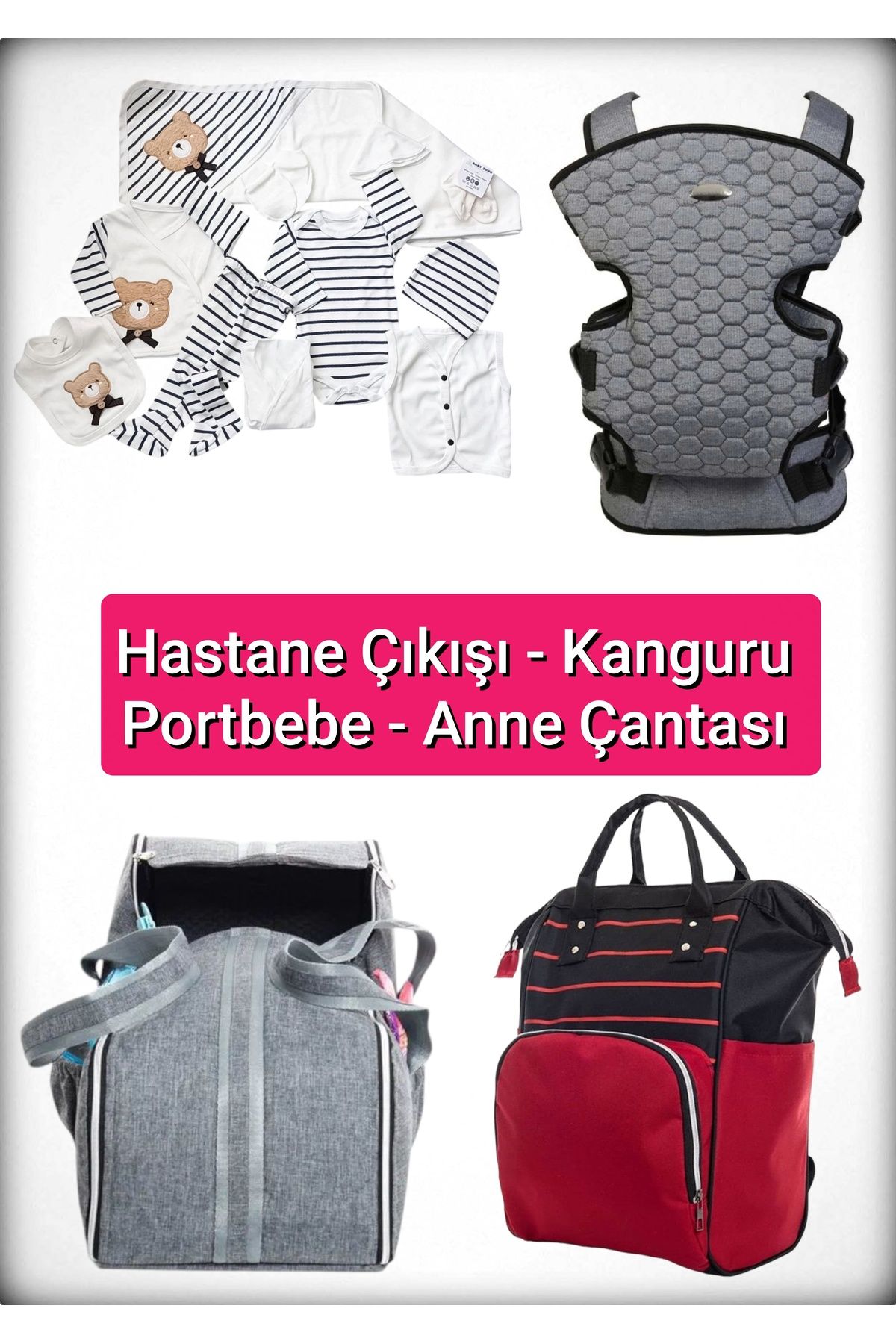 BABY ZUHU 4 Lü Doğum Seti 11 Parça Hastane Çıkışlı Portbebeli Kangurulu ve Anne Bebek Bakım Çantalı
