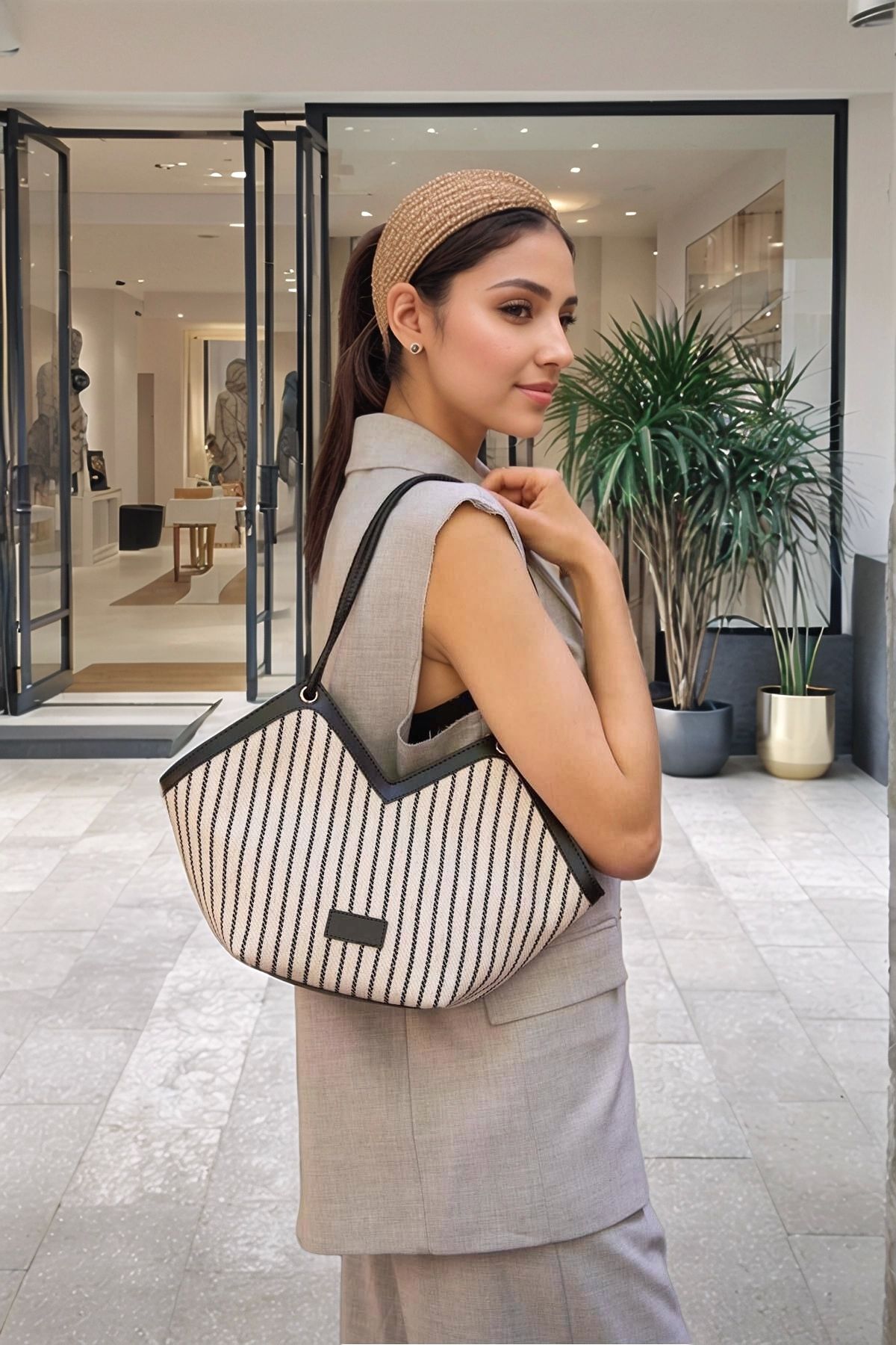 PayBuy Kadın Örgü Dokulu Deri Kenarlı Omuz Taşımalı Fermuarlı Geniş Hacimli Tote Çanta