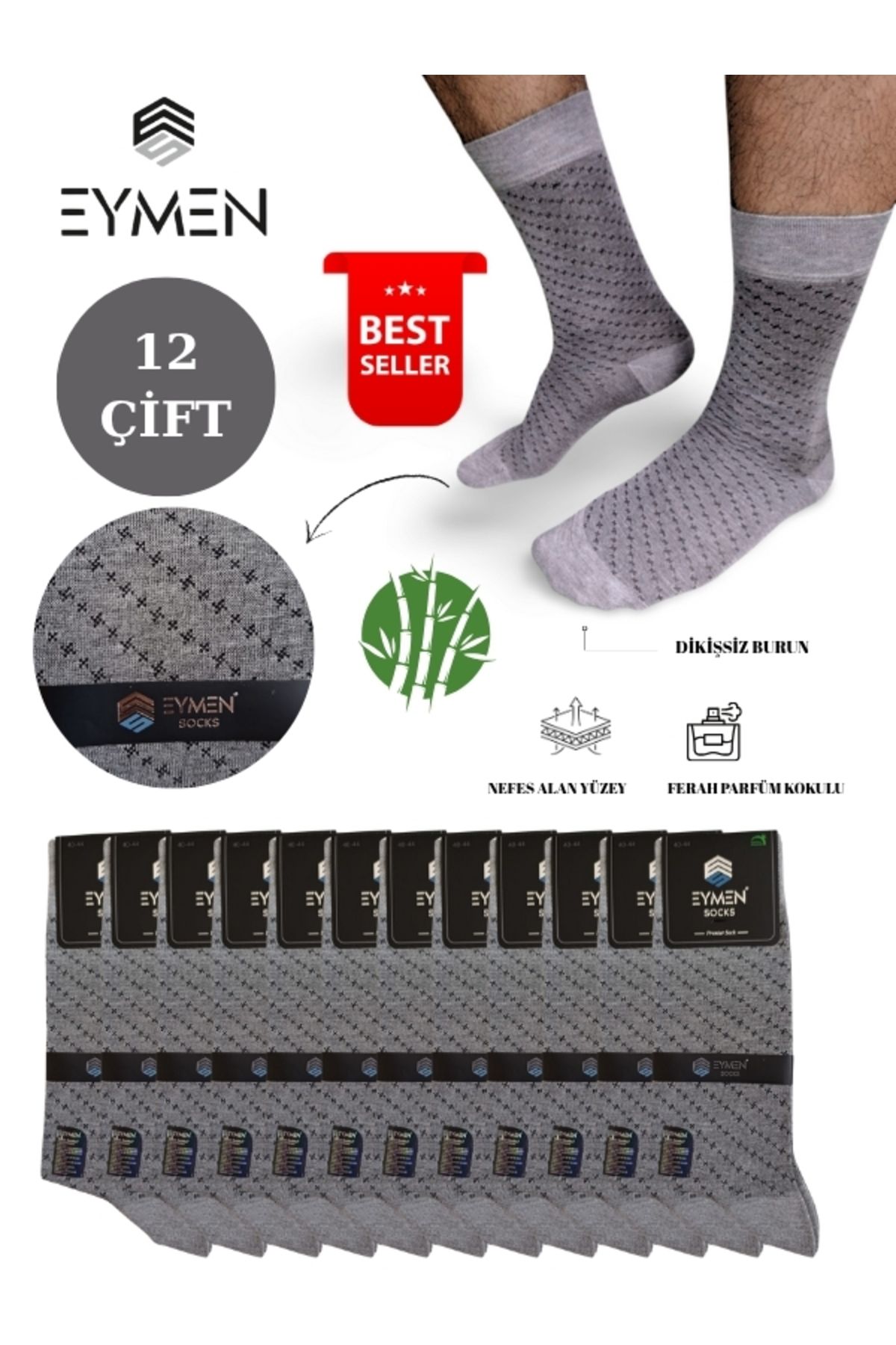Eymen Socks 12'li Bambu Erkek Soket Çorap Tek Renk Gri - Premium ,dikişsiz, Çarpı Desen, Hediye Kutulu