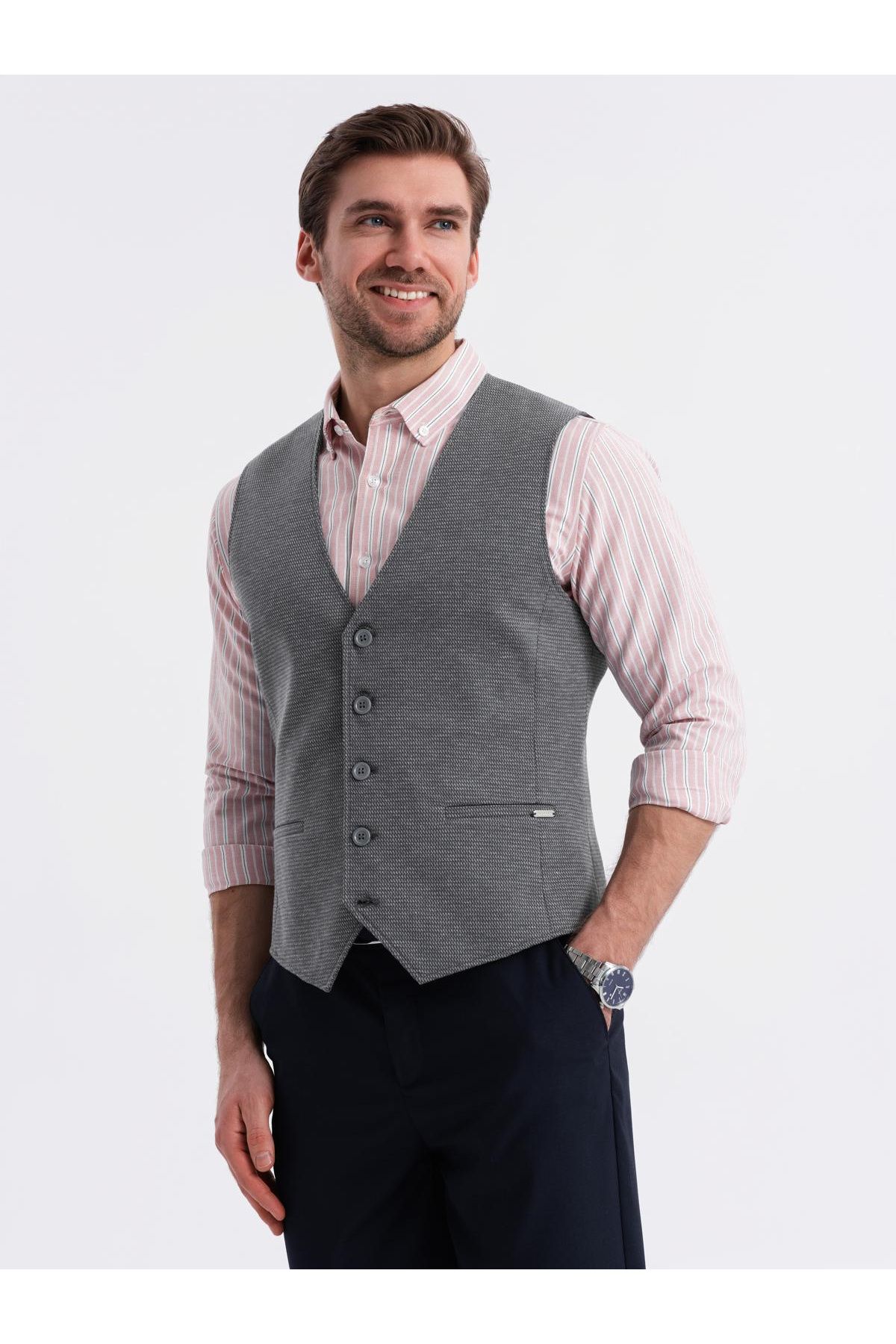 OMBRE-Taillierte elegante Herren Strukturstrickweste - Graphit V3 OM-BLZV-0147 M 4