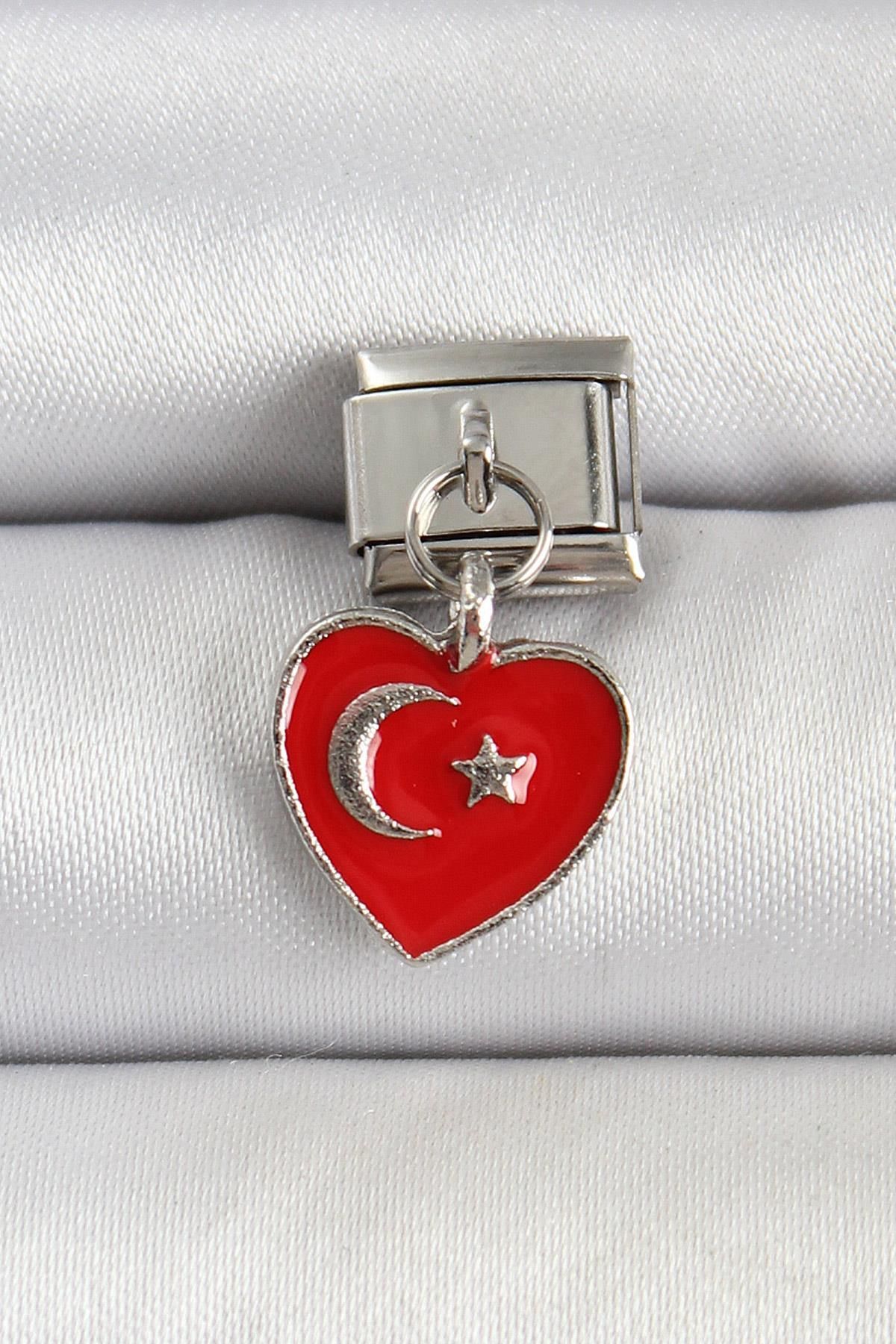 Celira Çelik Gümüş Renk Kalp Türk Bayrağı Model Nomination Charm