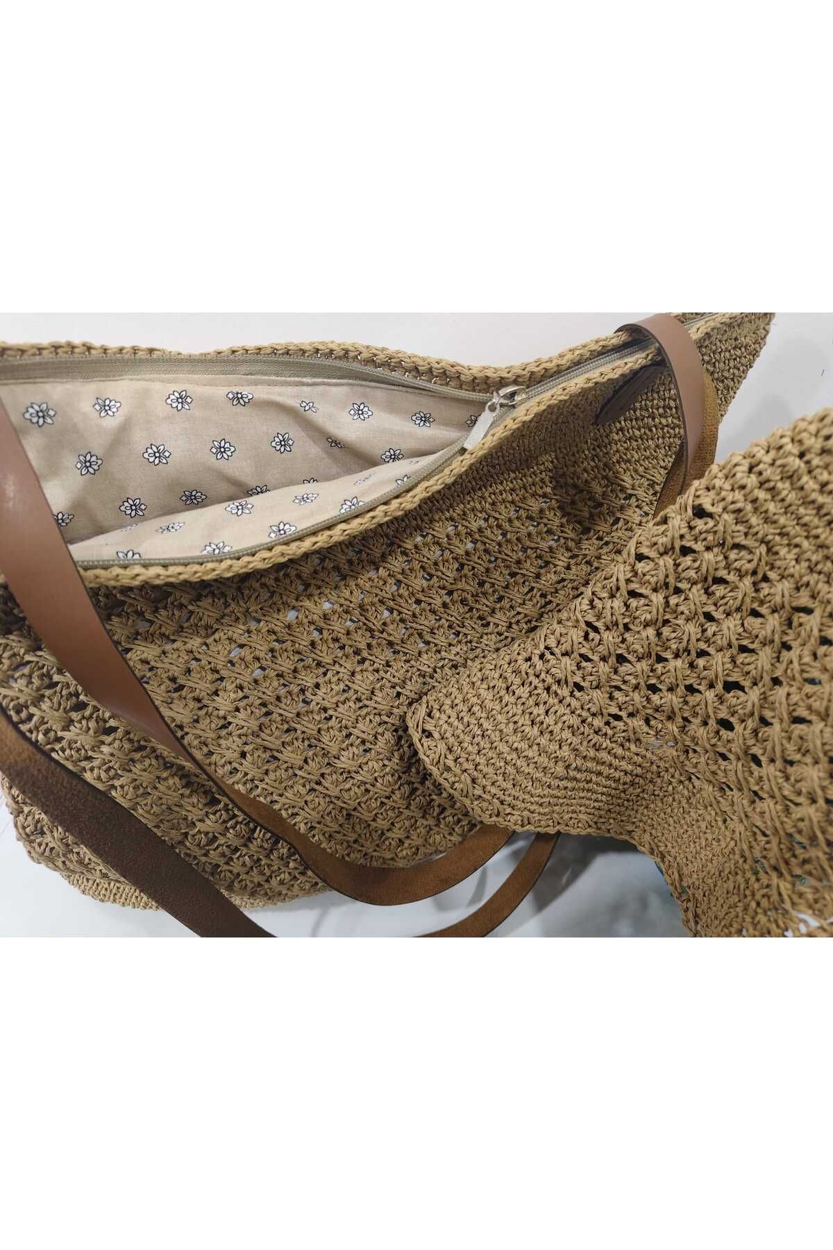 MODA Hasır Rengi Plaj Çantası-Şapka Takımı